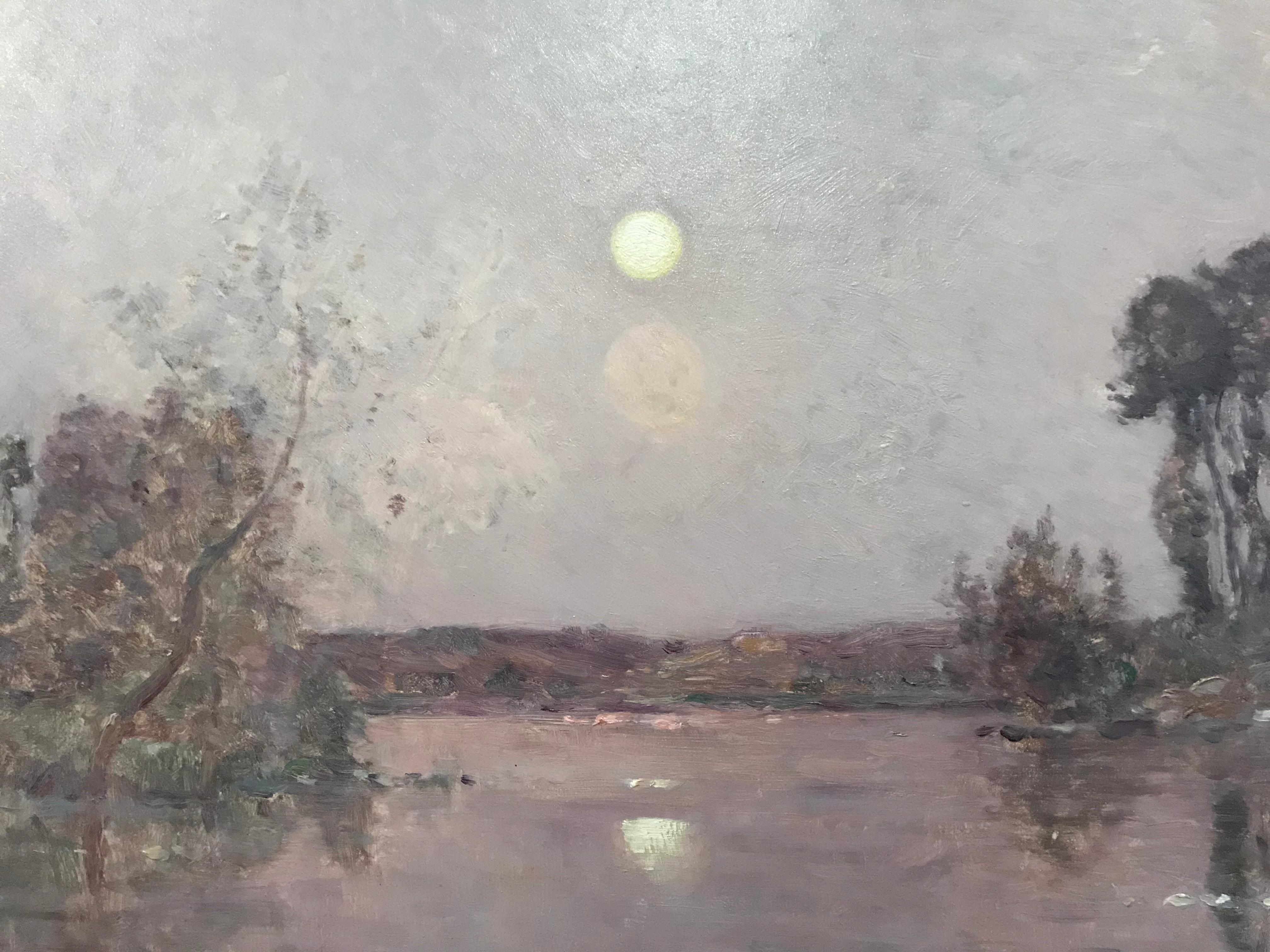 Hand-Painted Hippolyte-Camille Delpy, French, Sunset River Landscape