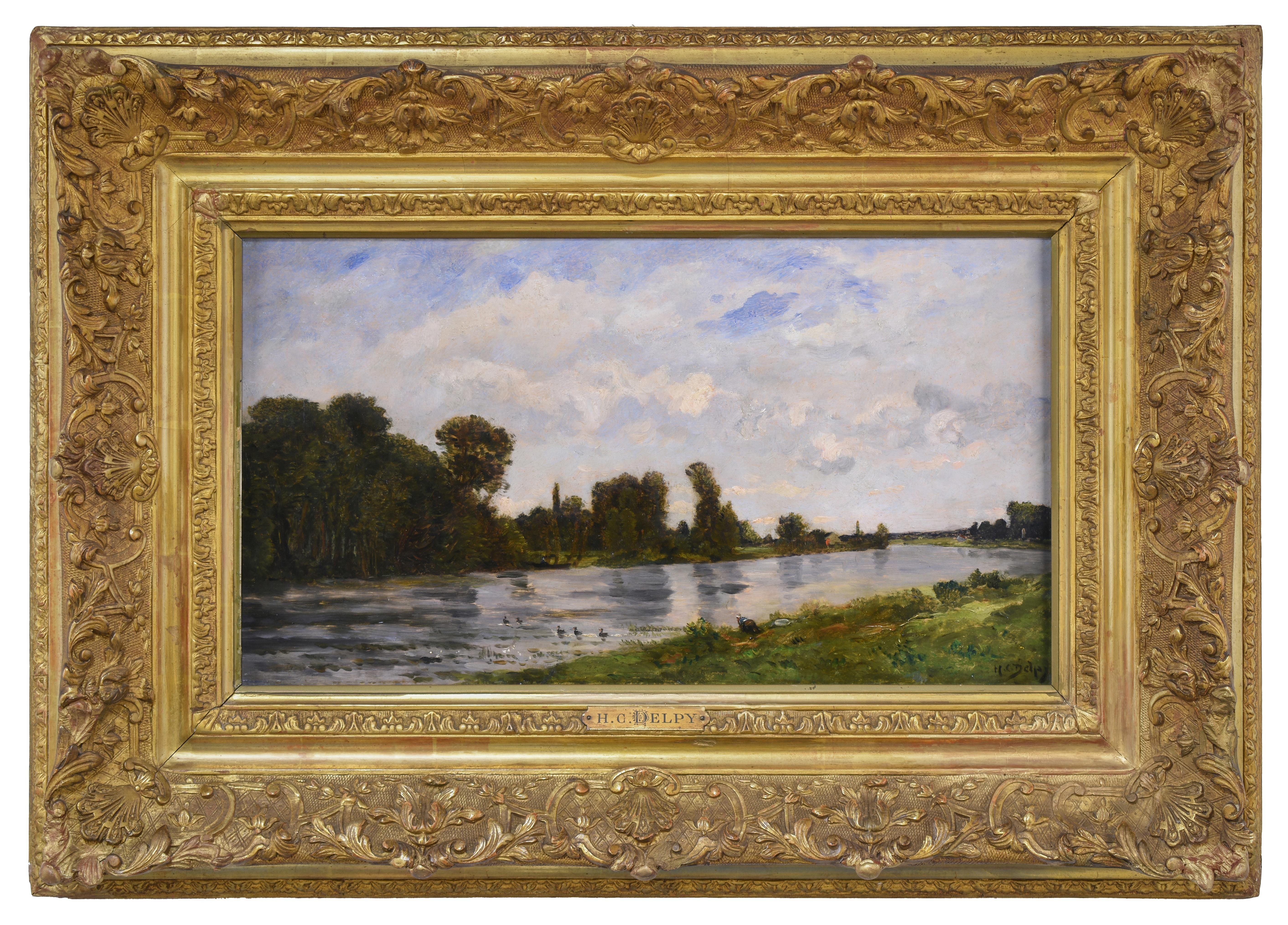Hippolyte Camille Delpy Landscape Painting - Barbizon French Riverside Landscape, Late 19th Century Oil Painting