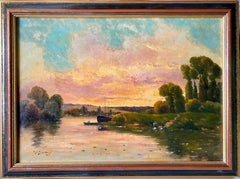 French Barbizon School oil painting, Sunset over a river landscape impressionist