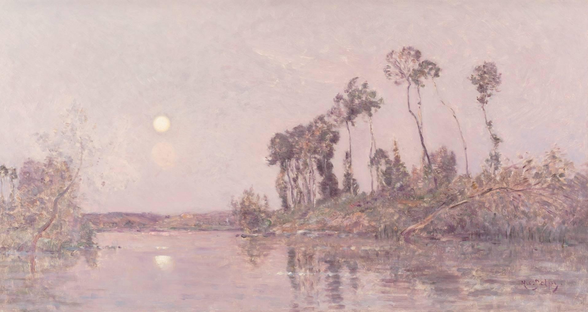 Hippolyte-Camille Delpy, (französisch, 1842-1910).
Eine bewaldete Flusslandschaft mit mondbeschienenem See in der Abenddämmerung. Lavendel- und Rosatöne sorgen für einen wunderschönen Sonnenuntergang.
Öl auf Platte.

Maße: 16 x 29-1/2 Zoll (40,6 x
