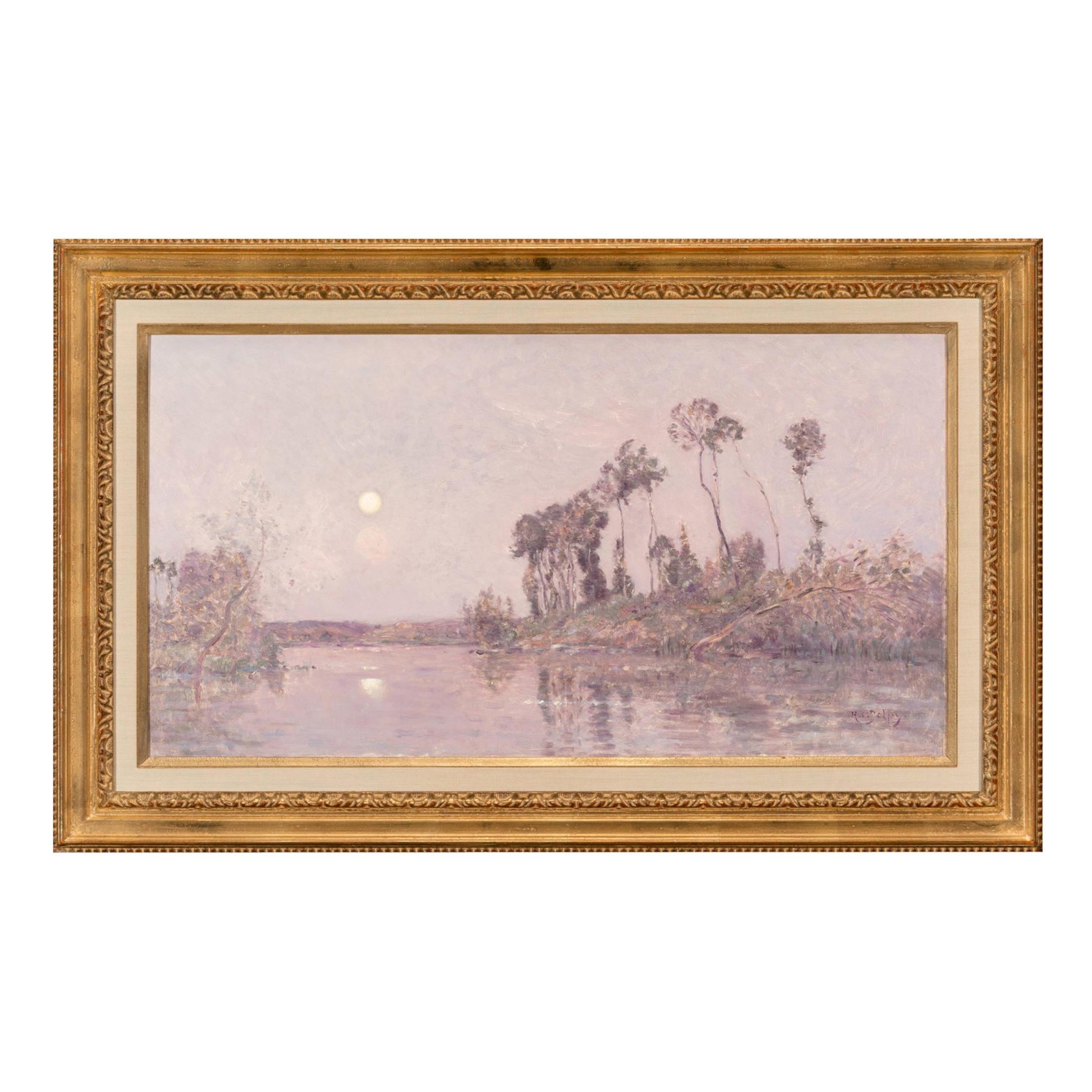 Hippolyte-Camille Delpy, Französisch, Sonnenuntergang Flusslandschaft – Painting von Hippolyte Camille Delpy