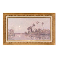 Antique Hippolyte-Camille Delpy, French, Sunset River Landscape