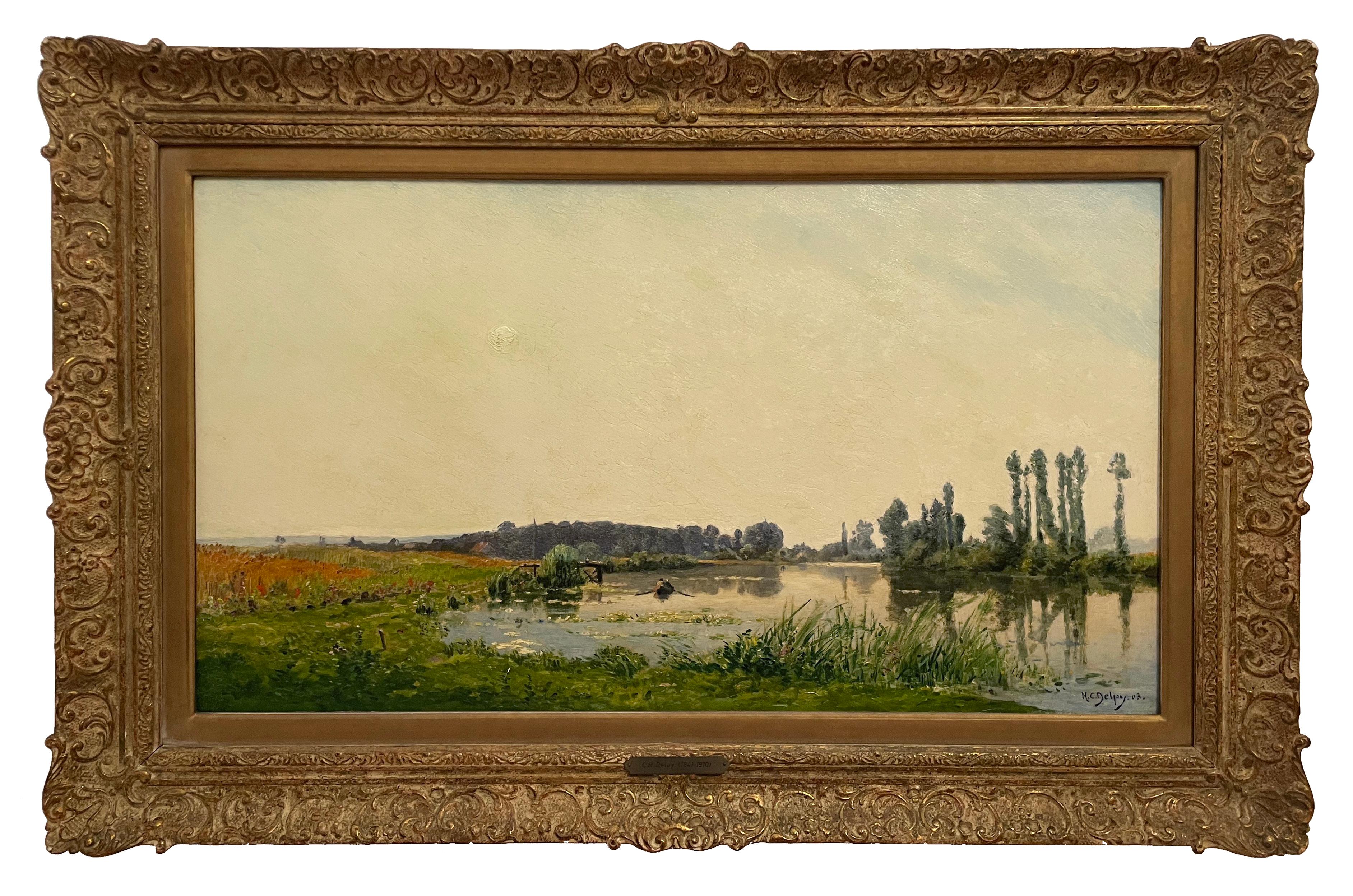 Ile de France, Barbizon River Scene - Painting by Hippolyte Camille Delpy