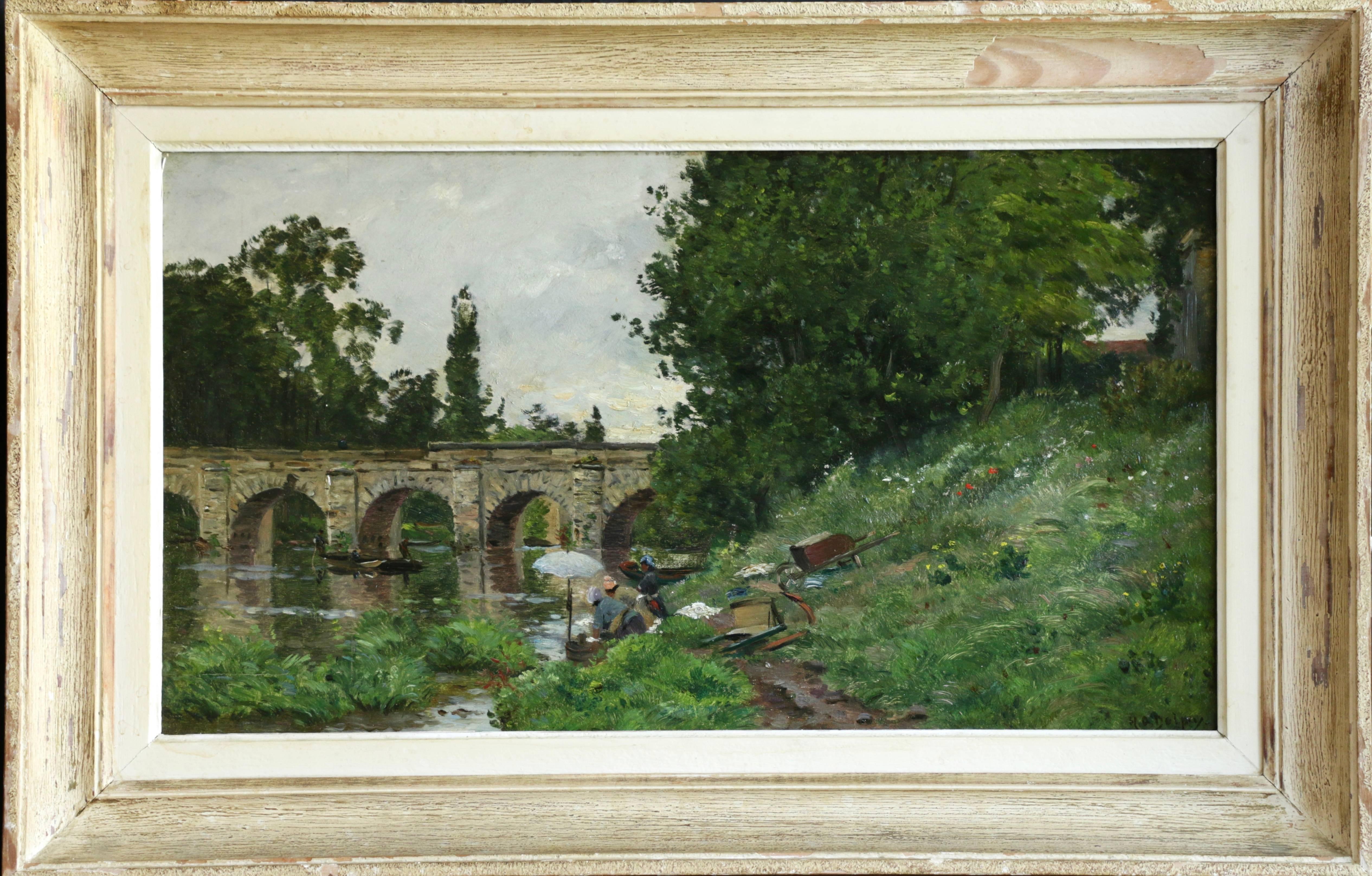 Lavandieres - Pont De Limay - Near Paris - Painting by Hippolyte Camille Delpy
