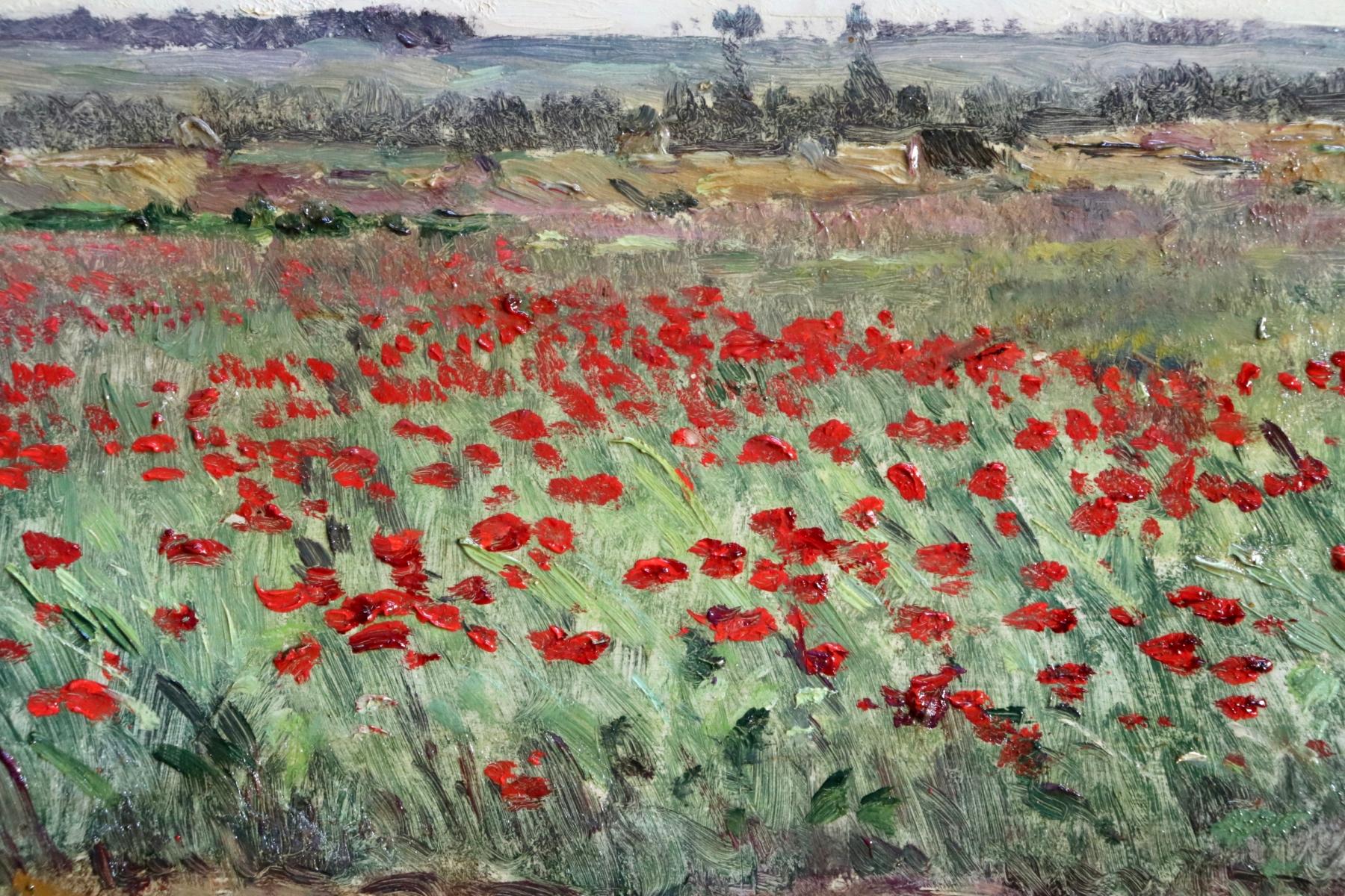 Oil on panel by Barbizon painter Hippolyte Camille Delpy depicting a field of poppies. Signed lower left and incised with artist's monogram to panel verso. Framed dimensions are 16 inches high by 25 inches wide.

Provenance: 
Private collection -