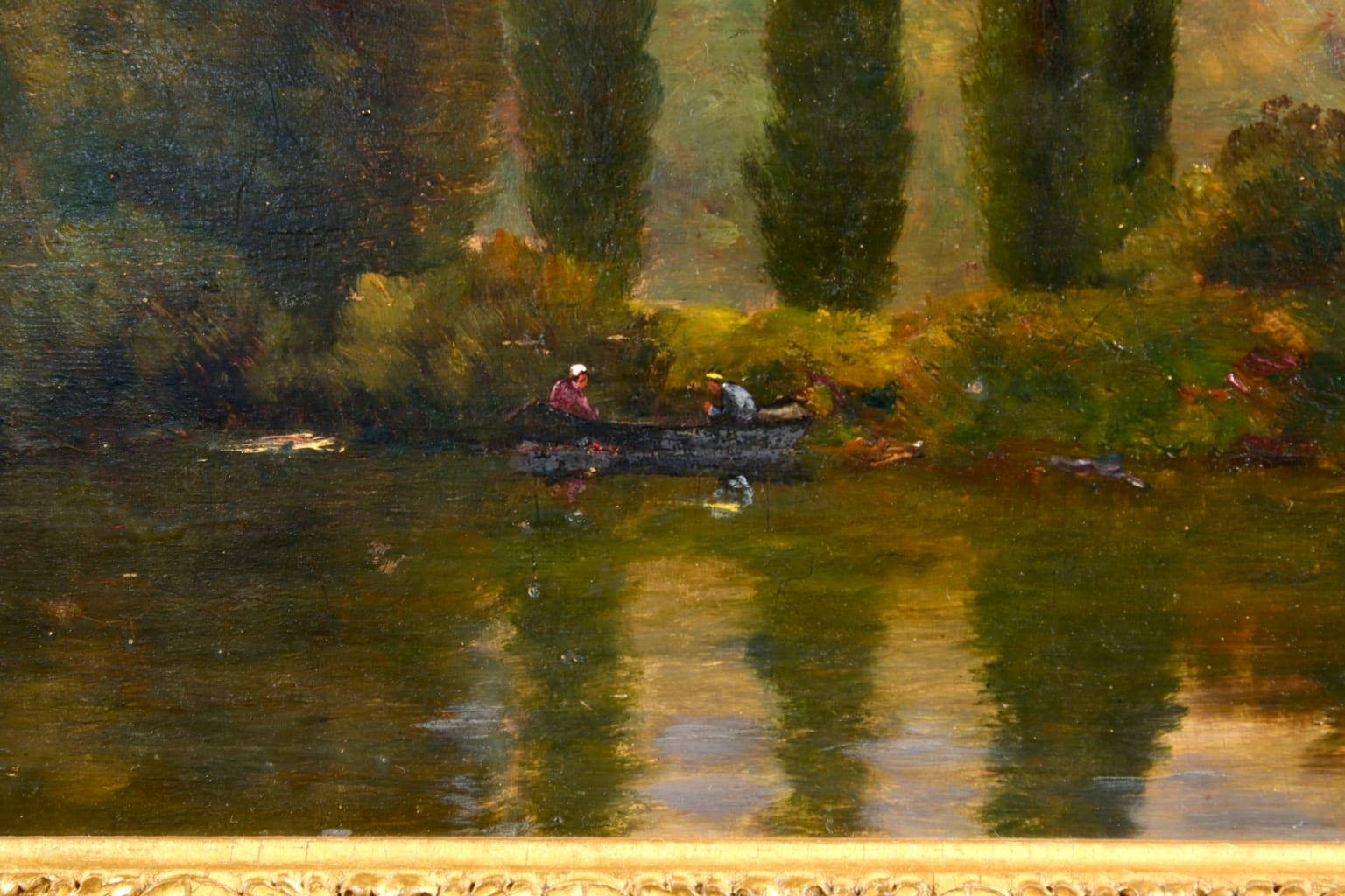 On the Seine - Barbizon Oil, Figures on River in Landscape by Hippolyte Delpy 4