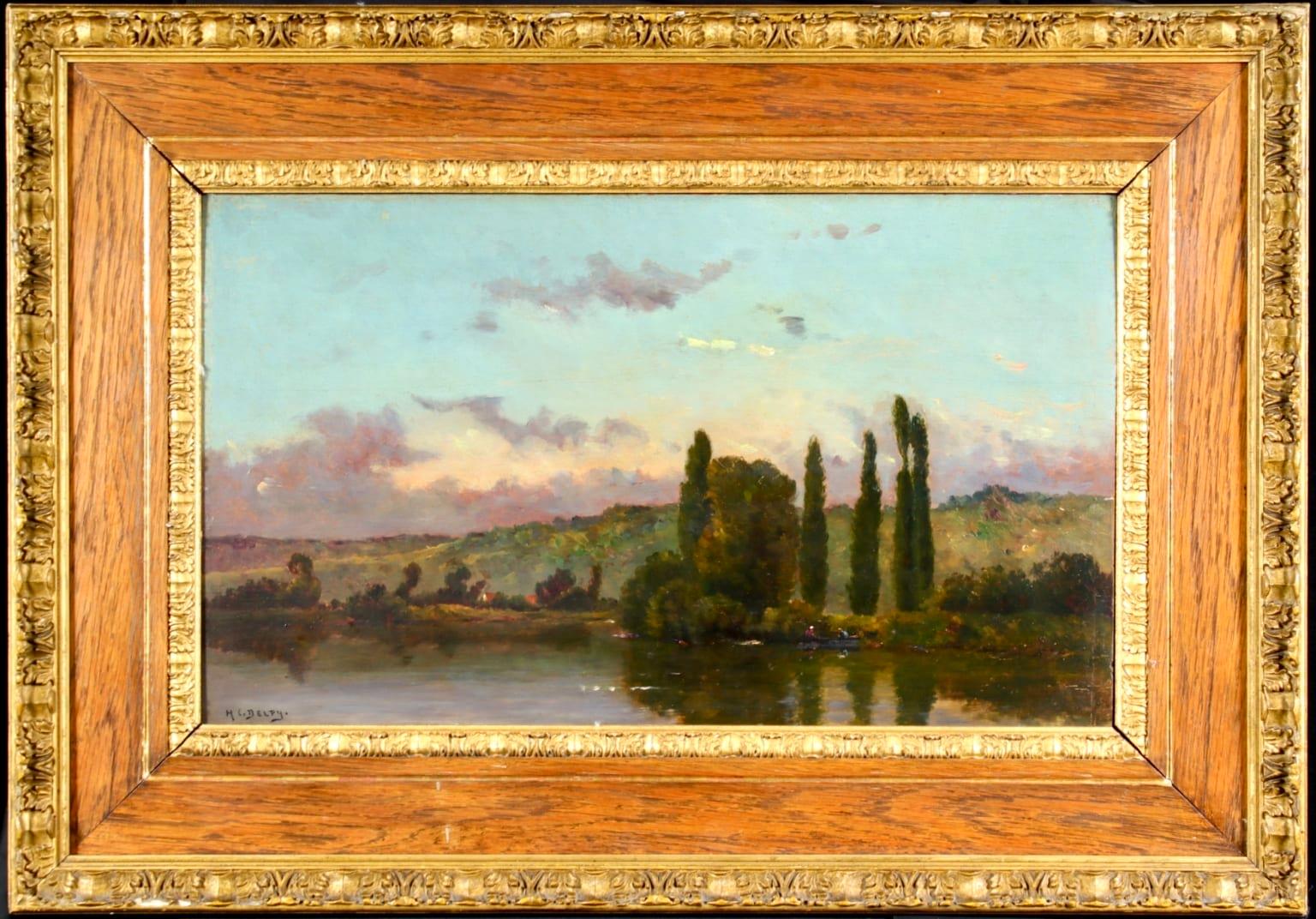 On the Seine - Barbizon Oil, Figures on River in Landscape by Hippolyte Delpy - Painting by Hippolyte Camille Delpy