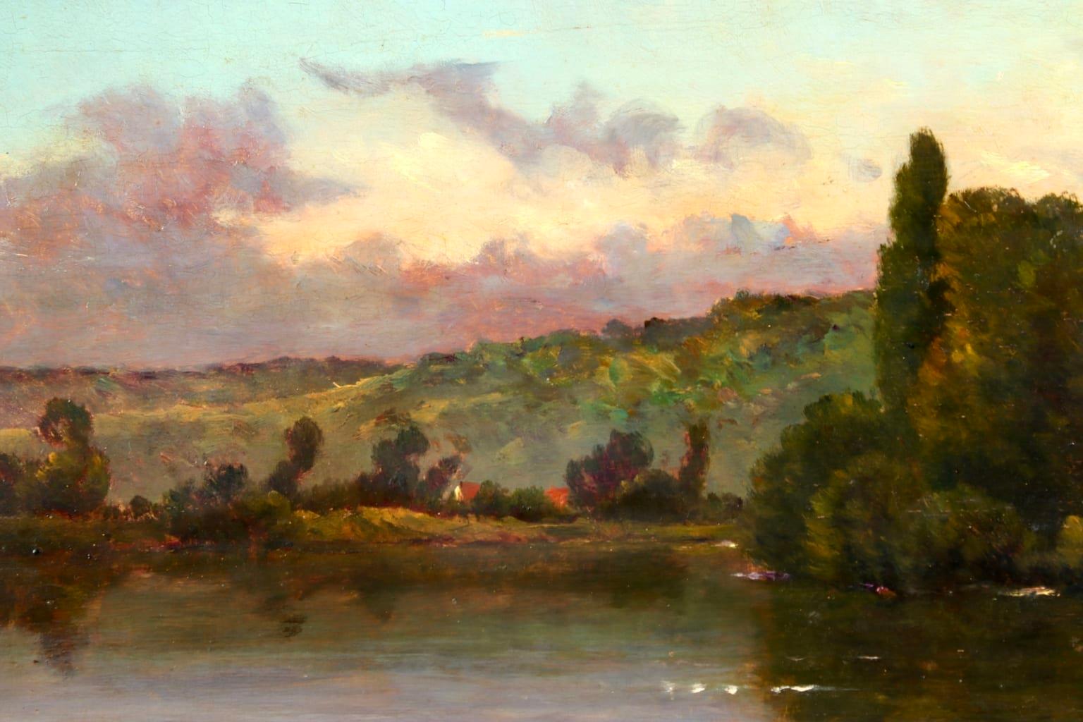 On the Seine - Barbizon Oil, Figures on River in Landscape by Hippolyte Delpy - Barbizon School Painting by Hippolyte Camille Delpy