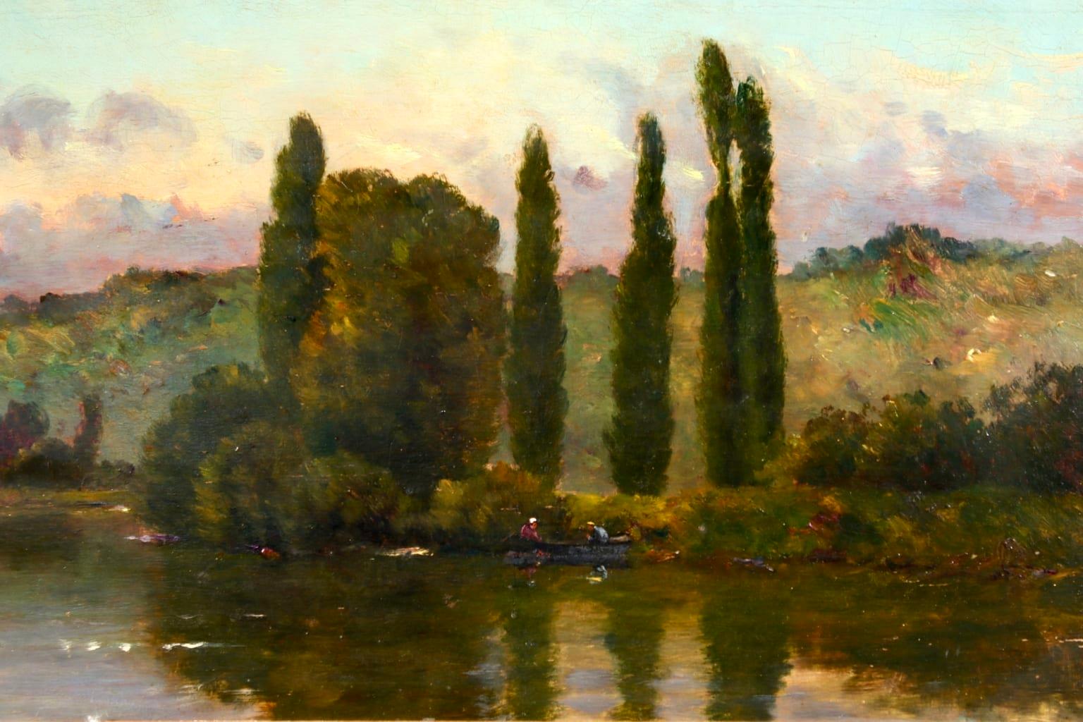 On the Seine - Barbizon Oil, Figures on River in Landscape by Hippolyte Delpy - Gray Landscape Painting by Hippolyte Camille Delpy