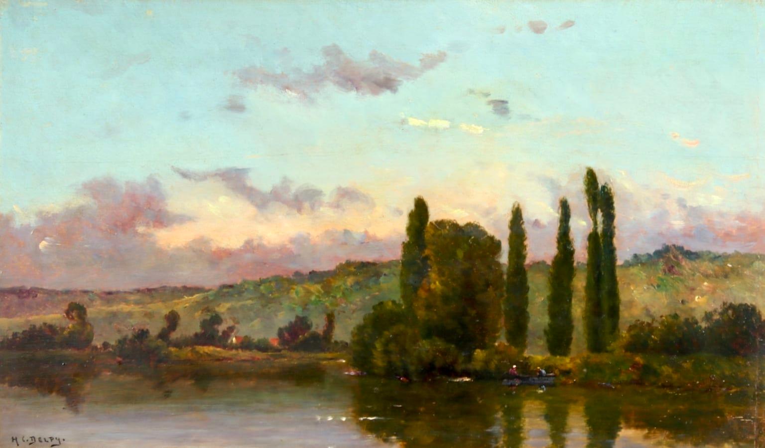 Hippolyte Camille Delpy Landscape Painting - On the Seine - Barbizon Oil, Figures on River in Landscape by Hippolyte Delpy
