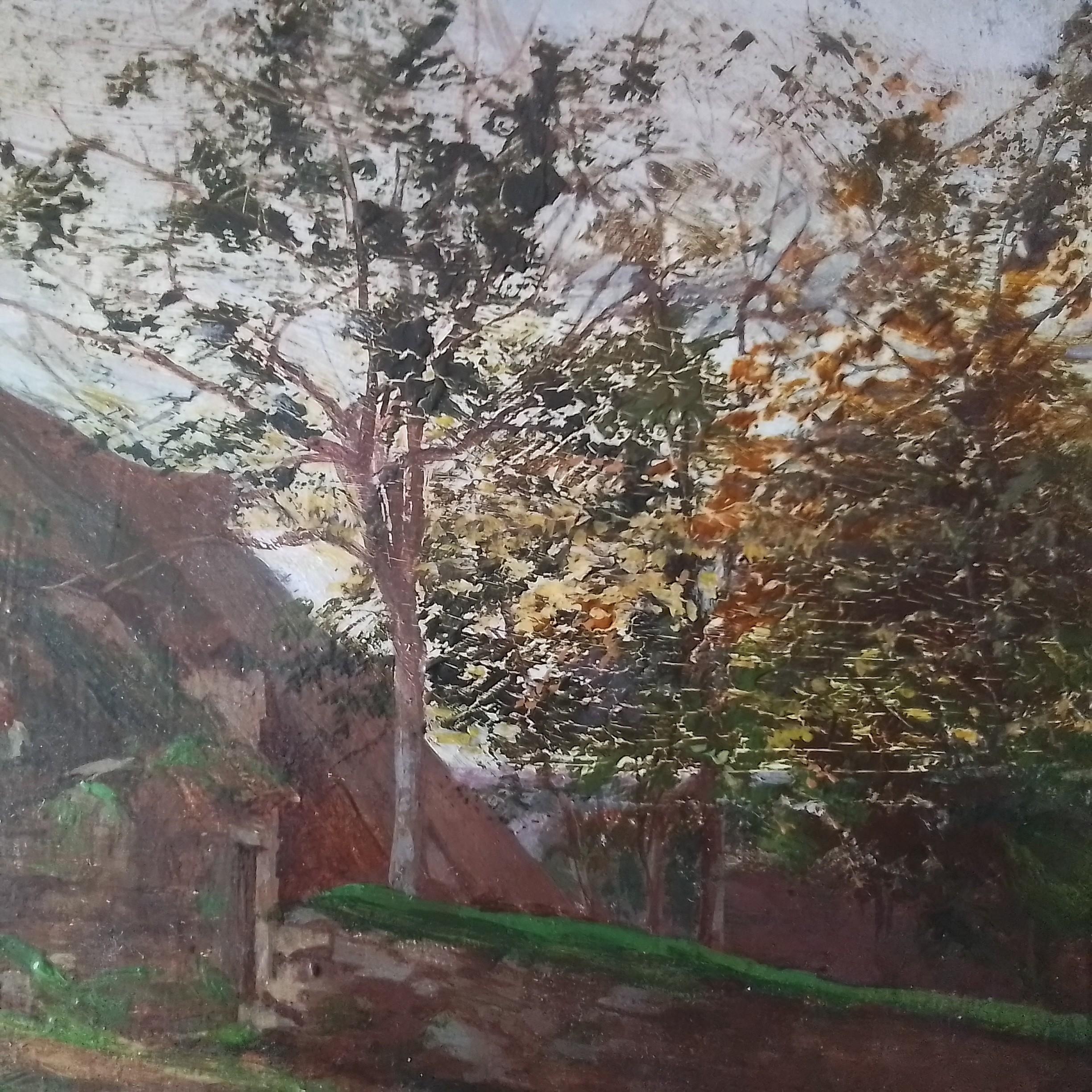Cuadro de arte vintage de Camille Delpy - Casa de Normandía - Landscape Art Marrón de Hippolyte Camille Delpy