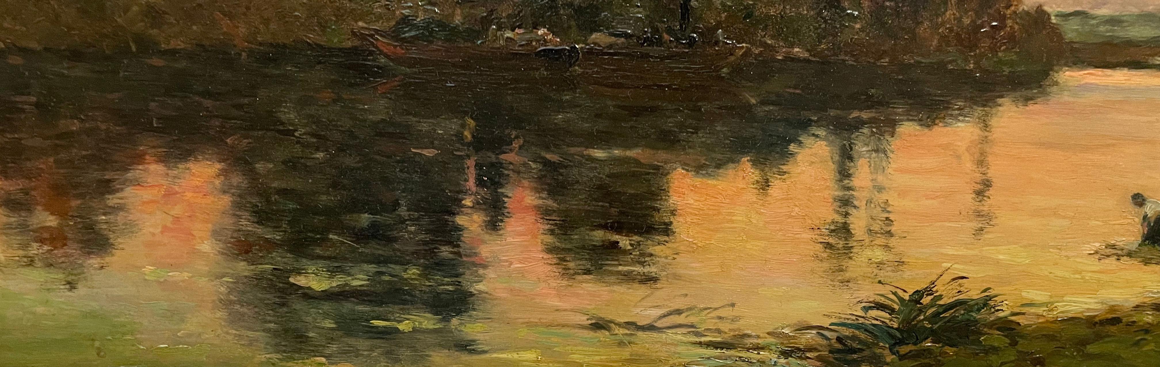 Washerwomen along Riverbank, Sunset - Barbizon School Painting by Hippolyte Camille Delpy