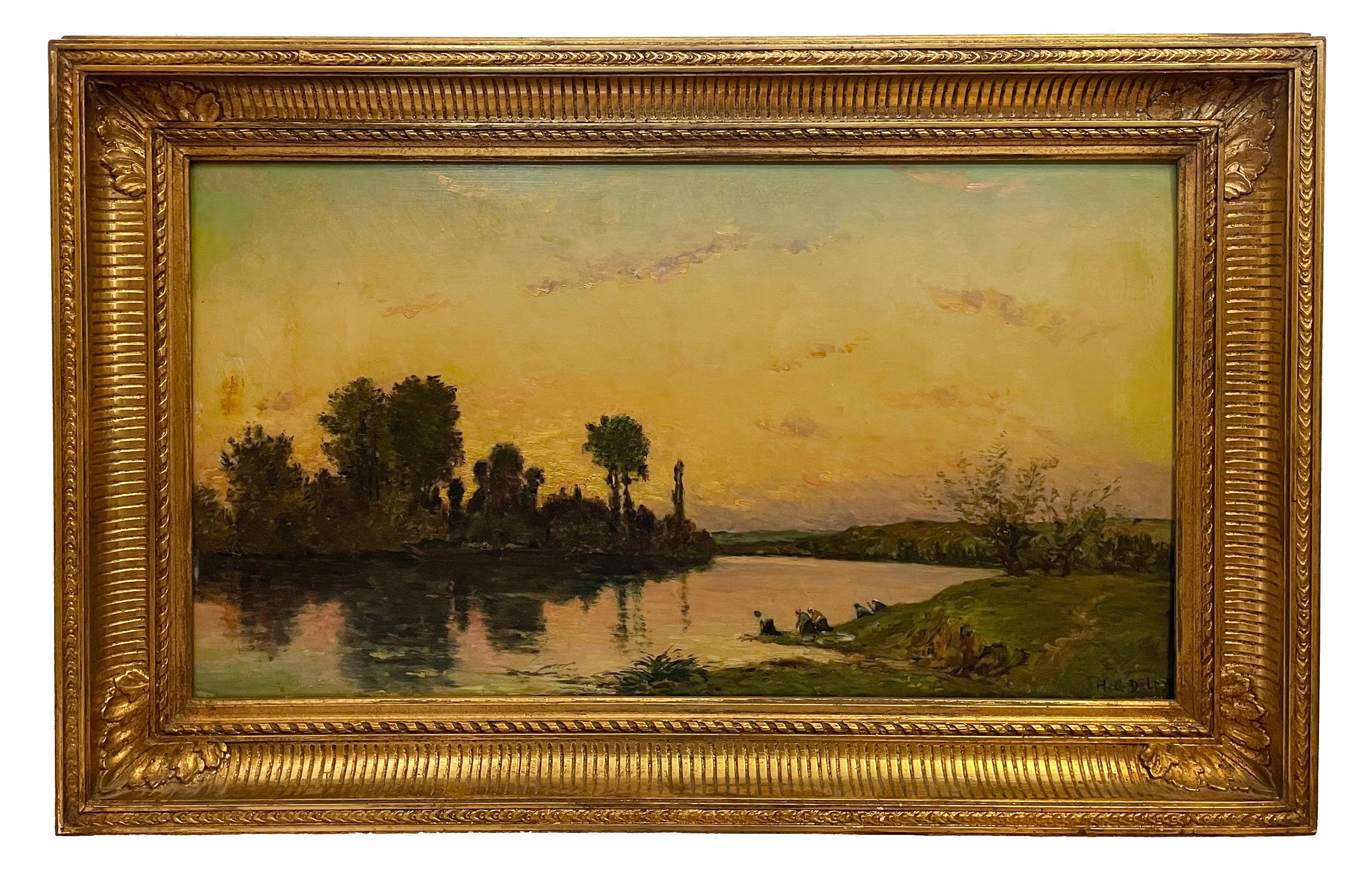 Washerwomen along Riverbank, Sunset - Painting by Hippolyte Camille Delpy