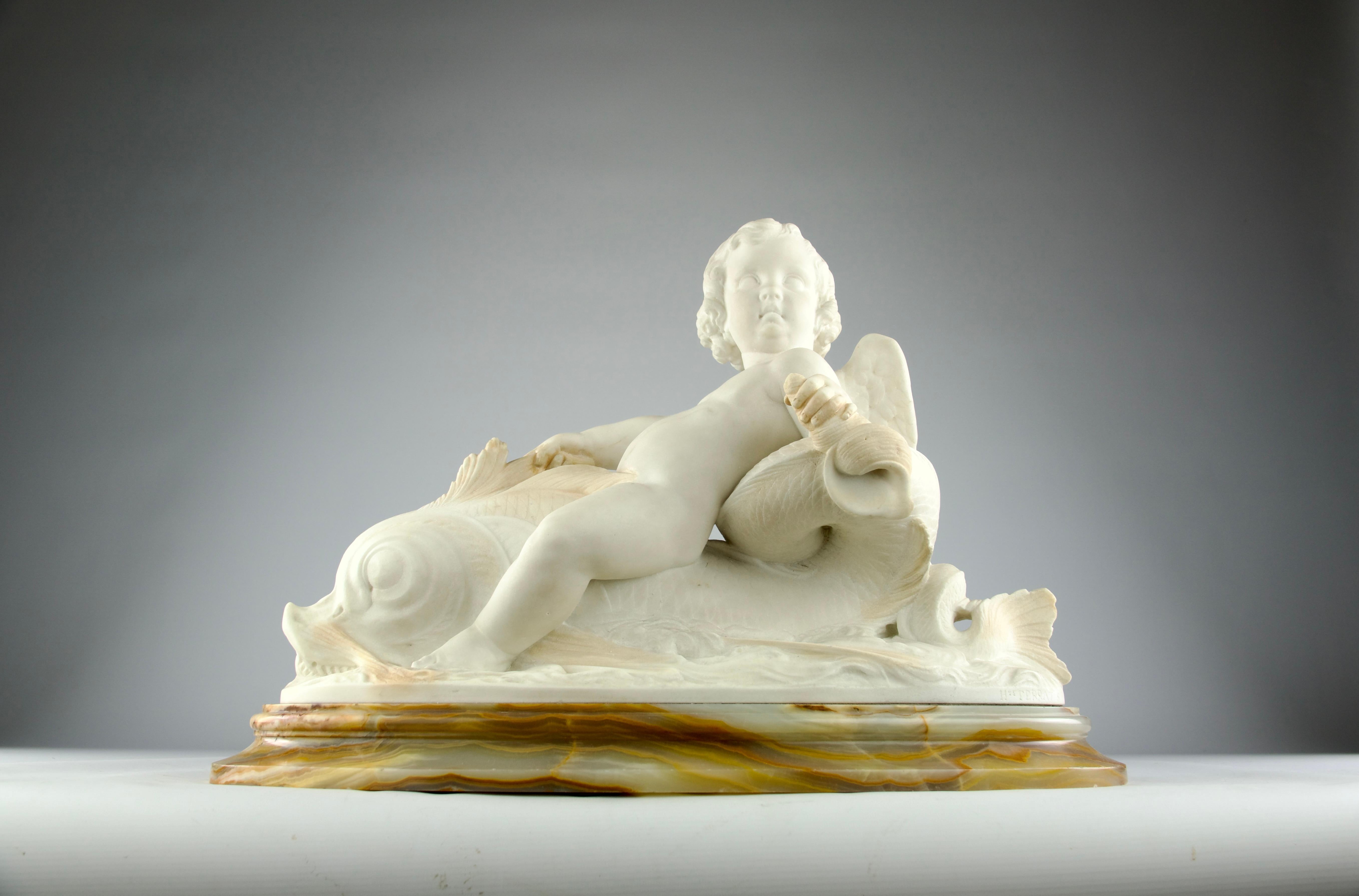 Superb, large and exquisitely detailed Carrara marble sculpture of a cherub riding a dolphin by Hippolyte Ferrat, France 19th century, Romantic period. Signed.

In very good condition.

On a veined marble base which has small signs of