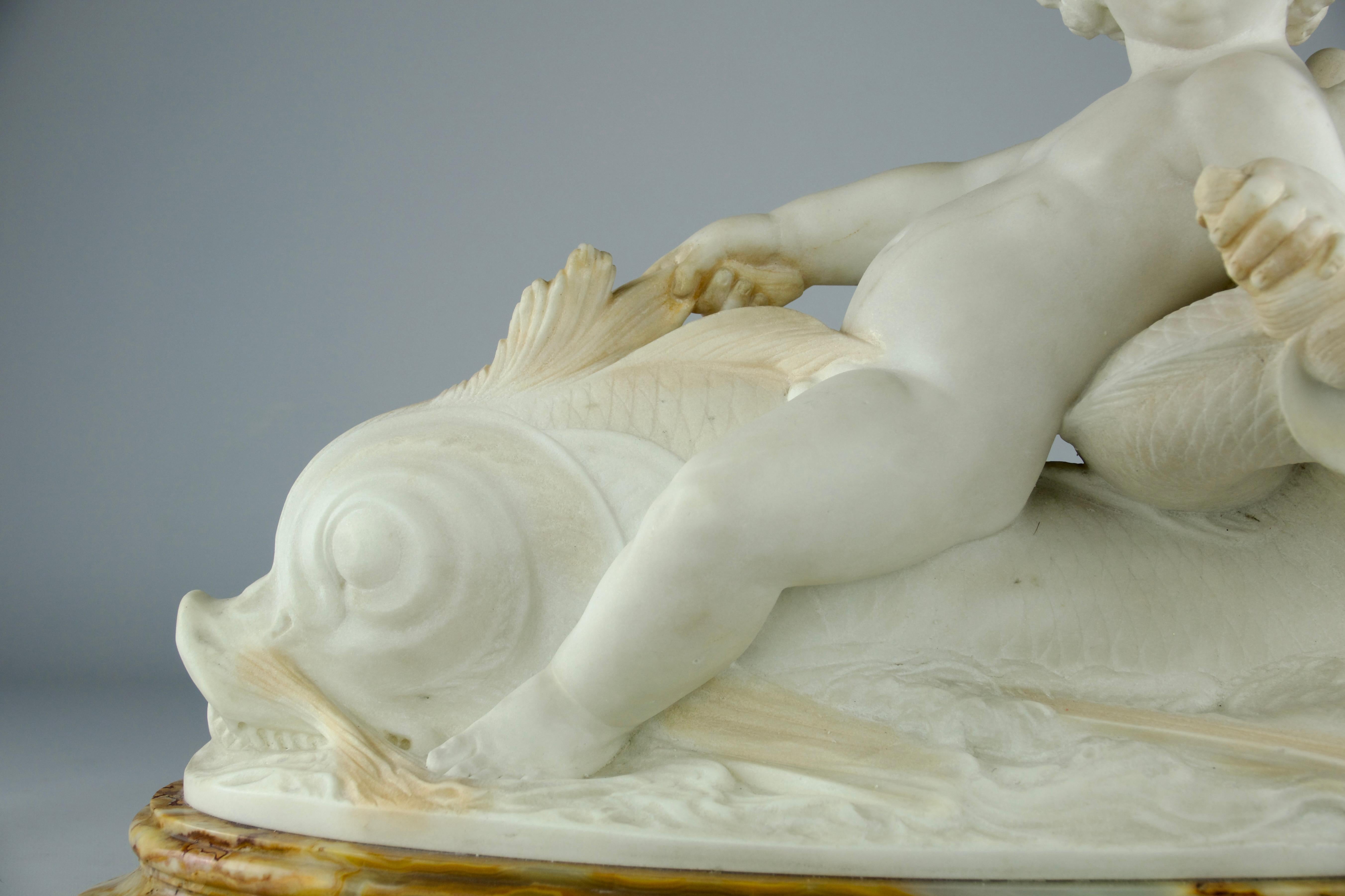 Romantic Hippolyte Ferrat, Sculpture of a Cherub Riding a Dolphin, France 19th Century For Sale