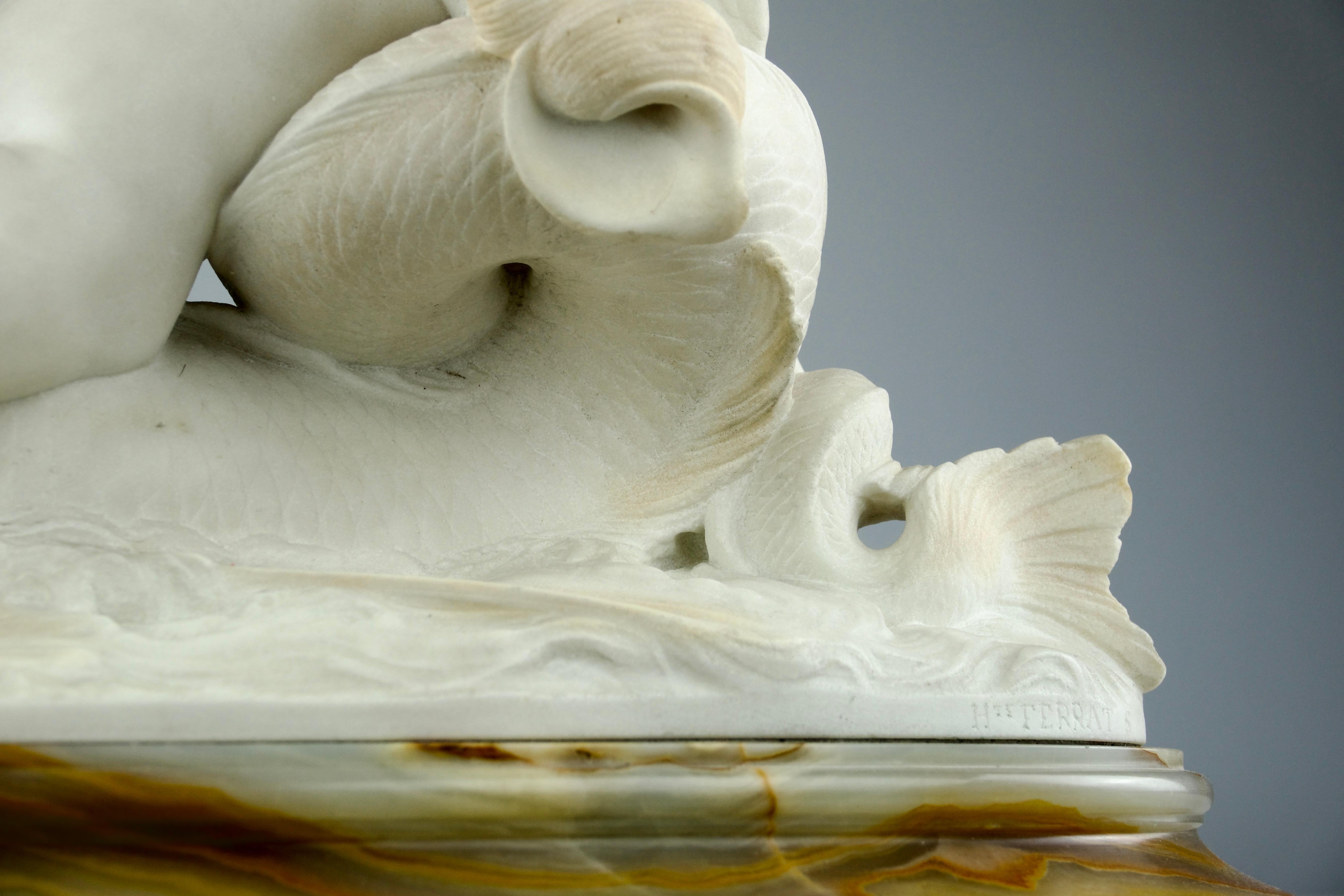 Marble Hippolyte Ferrat, Sculpture of a Cherub Riding a Dolphin, France 19th Century For Sale