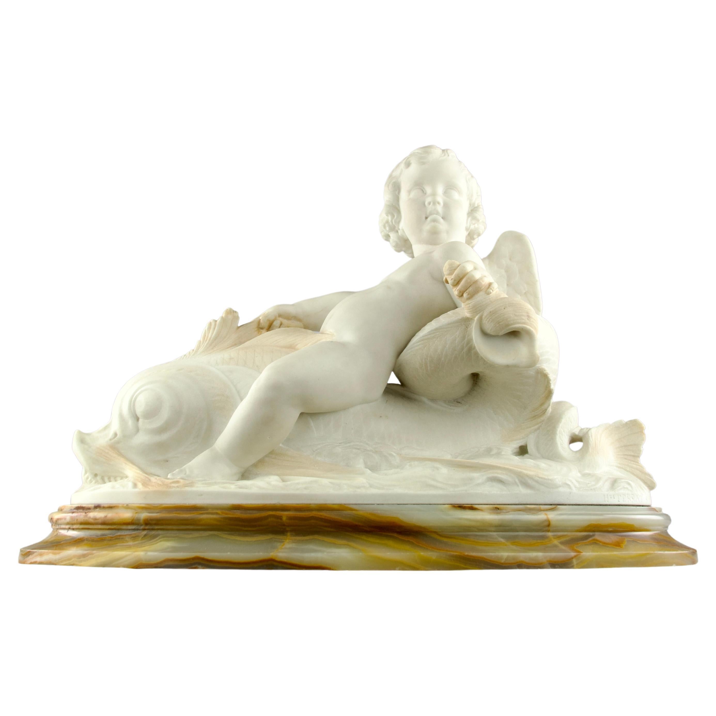 Hippolyte Ferrat, Sculpture of a Cherub Riding a Dolphin, France 19th Century For Sale