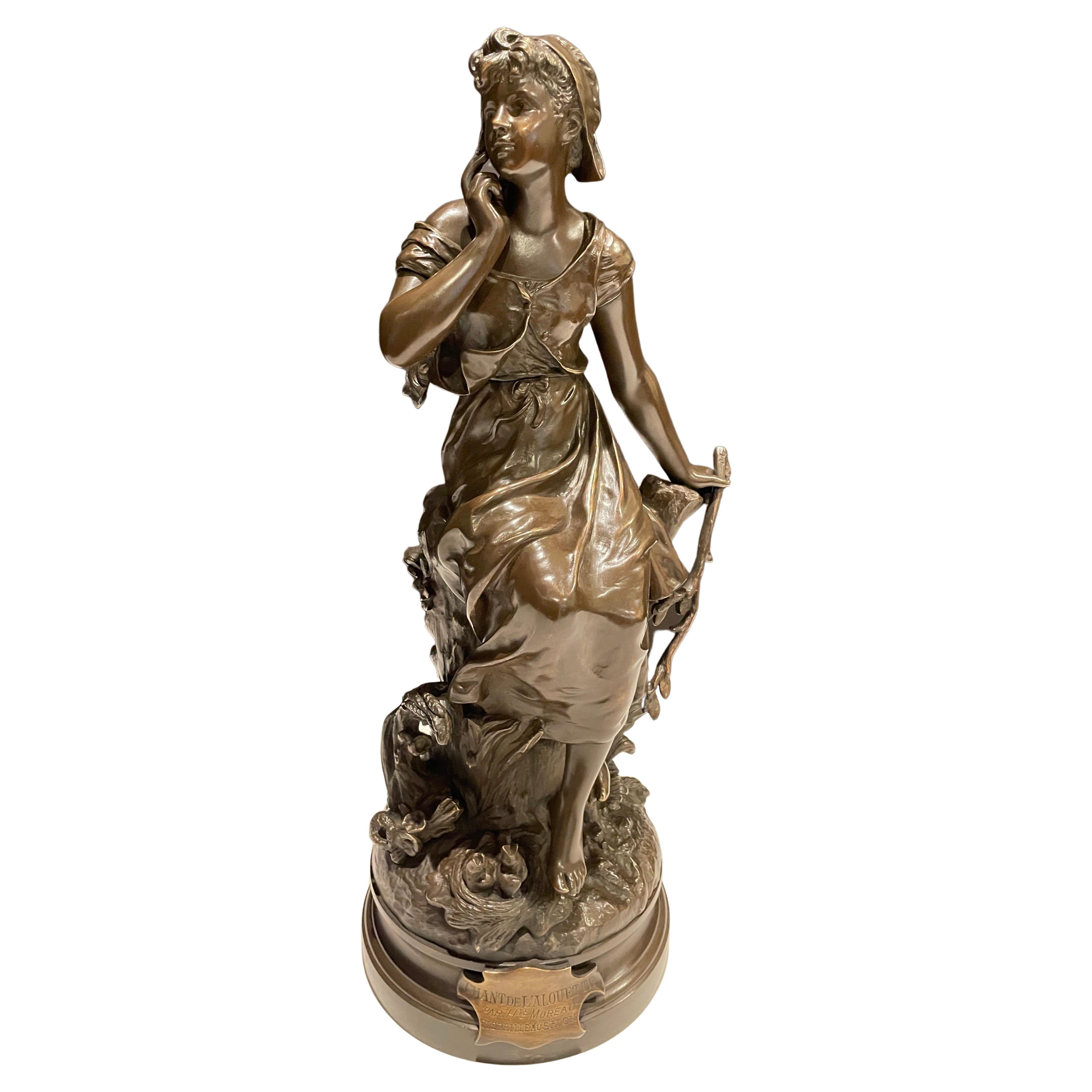 Hippolyte Francois Moreau „Chant De Laluette“ Bronze junges Mädchen im Angebot