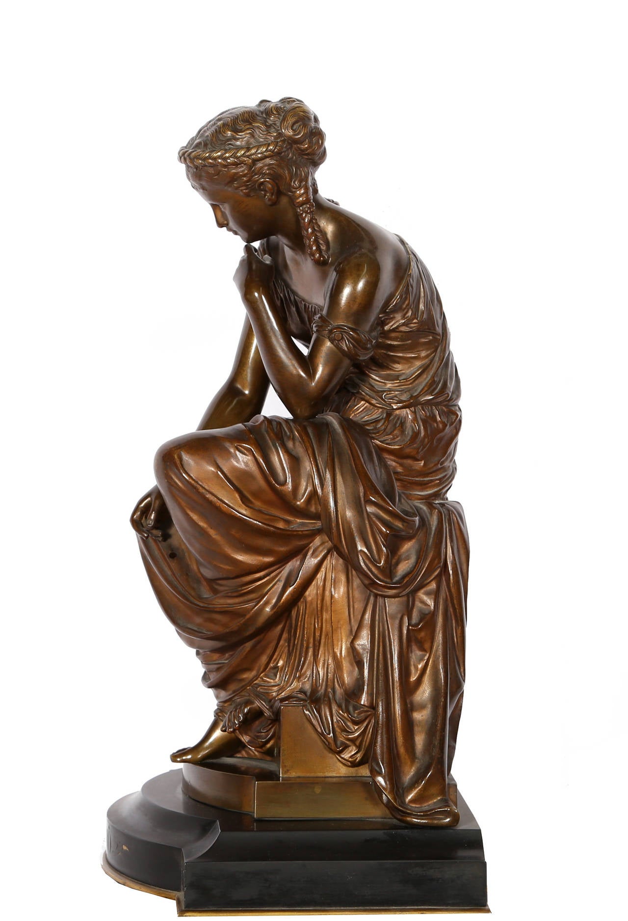 Artist: Hippolyte Moreau, French (1832 - 1927)
Title: Hero
Medium: Bronze Sculpture on Marble Base, signature inscribed
Size: 19 x 11 x 9 in. (48.26 x 27.94 x 22.86 cm)

The tale of Hero and Leander is one of Greek mythology's most tragic love