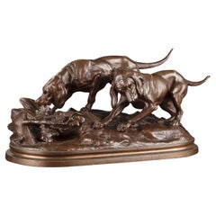 Antique Hippolyte Heizler, Iconic Bronze Sculpture of Two Dogs Chasing a Hare, 19th Cent