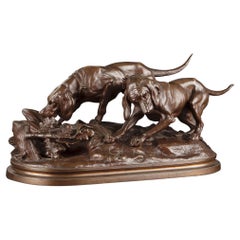 Hippolyte Heizler, Iconic Bronze Sculpture of Two Dogs Chasing a Hare, 19th Cent