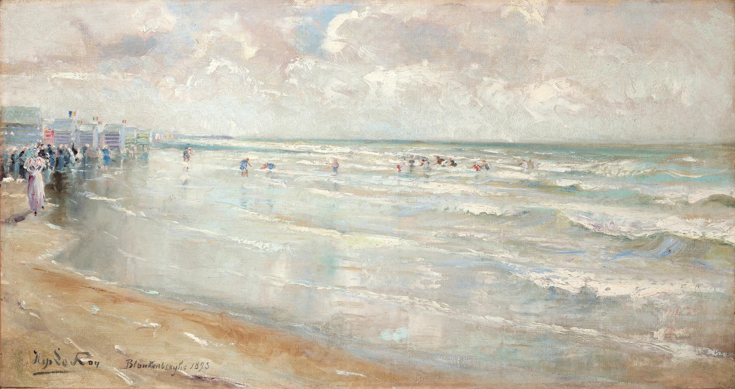 Öl auf Leinwand

Signiert und datiert unten links: "Hip Le Roy, Blankenberghe, 1873,".

Dieses Gemälde fängt die heitere Aussicht von Blankenberghe ein und lädt den Betrachter in das Wesen des Küstenlebens ein. LeRoy hat eine Szene gezaubert, die