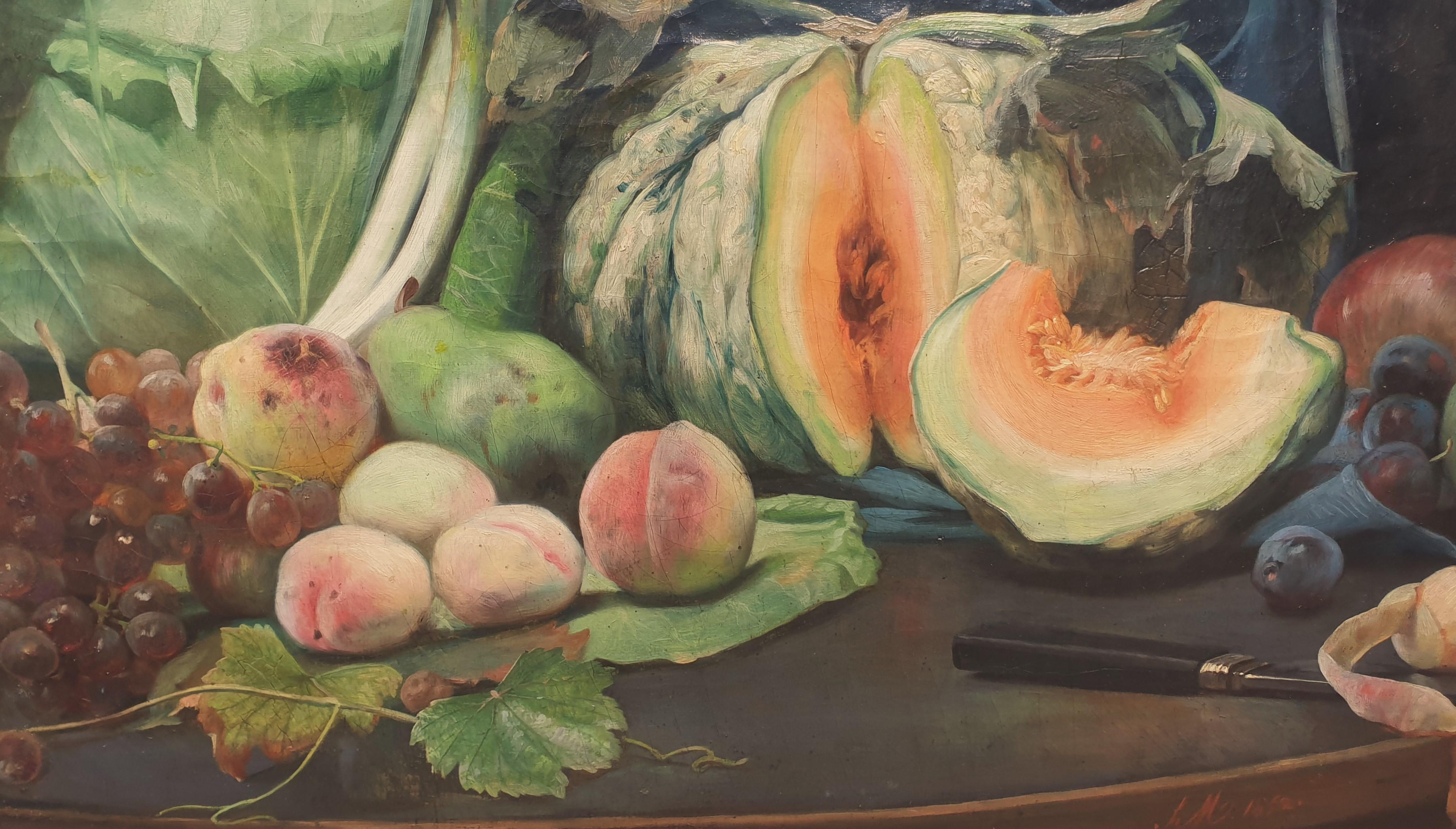 Pittura Realistica di scuola francese Natura morta di frutta e verdura 19° secolo - Painting Realismo di Hippolyte MICHAUD