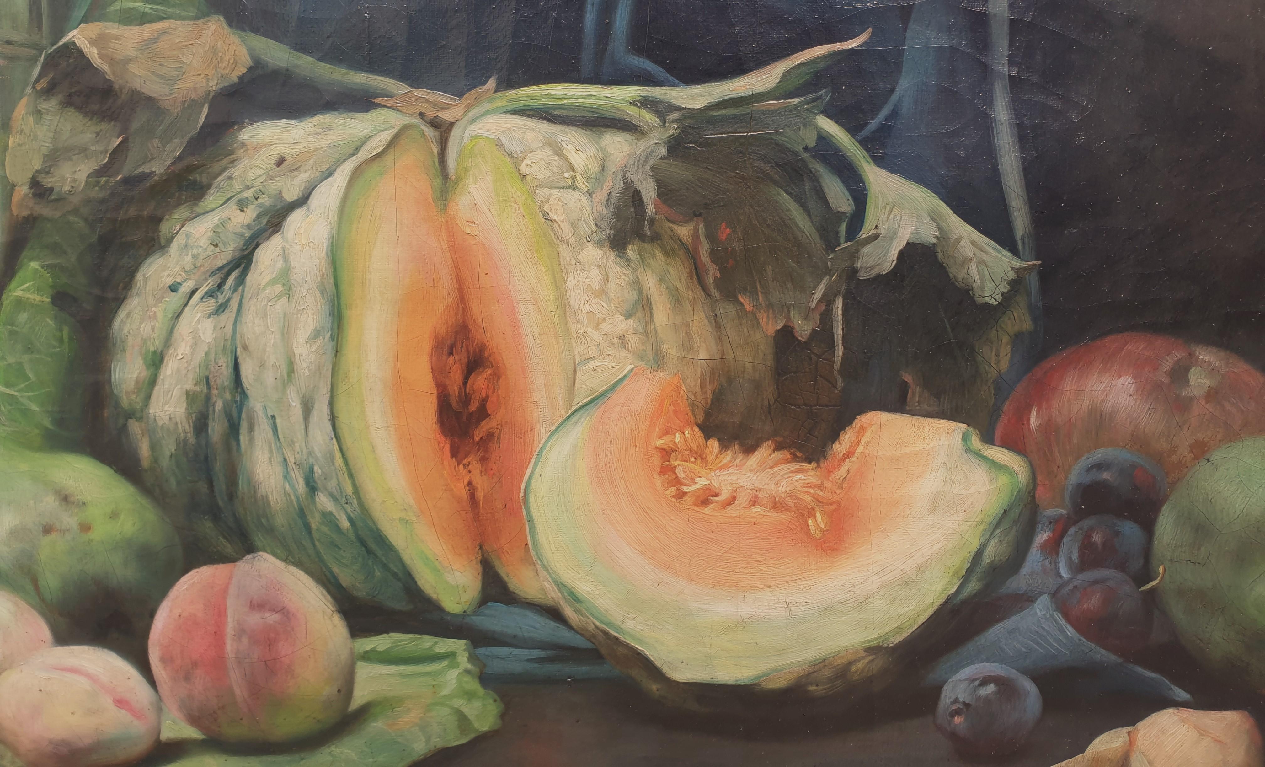 Pittura Realistica di scuola francese Natura morta di frutta e verdura 19° secolo - Still-Life Painting Grigio di Hippolyte MICHAUD