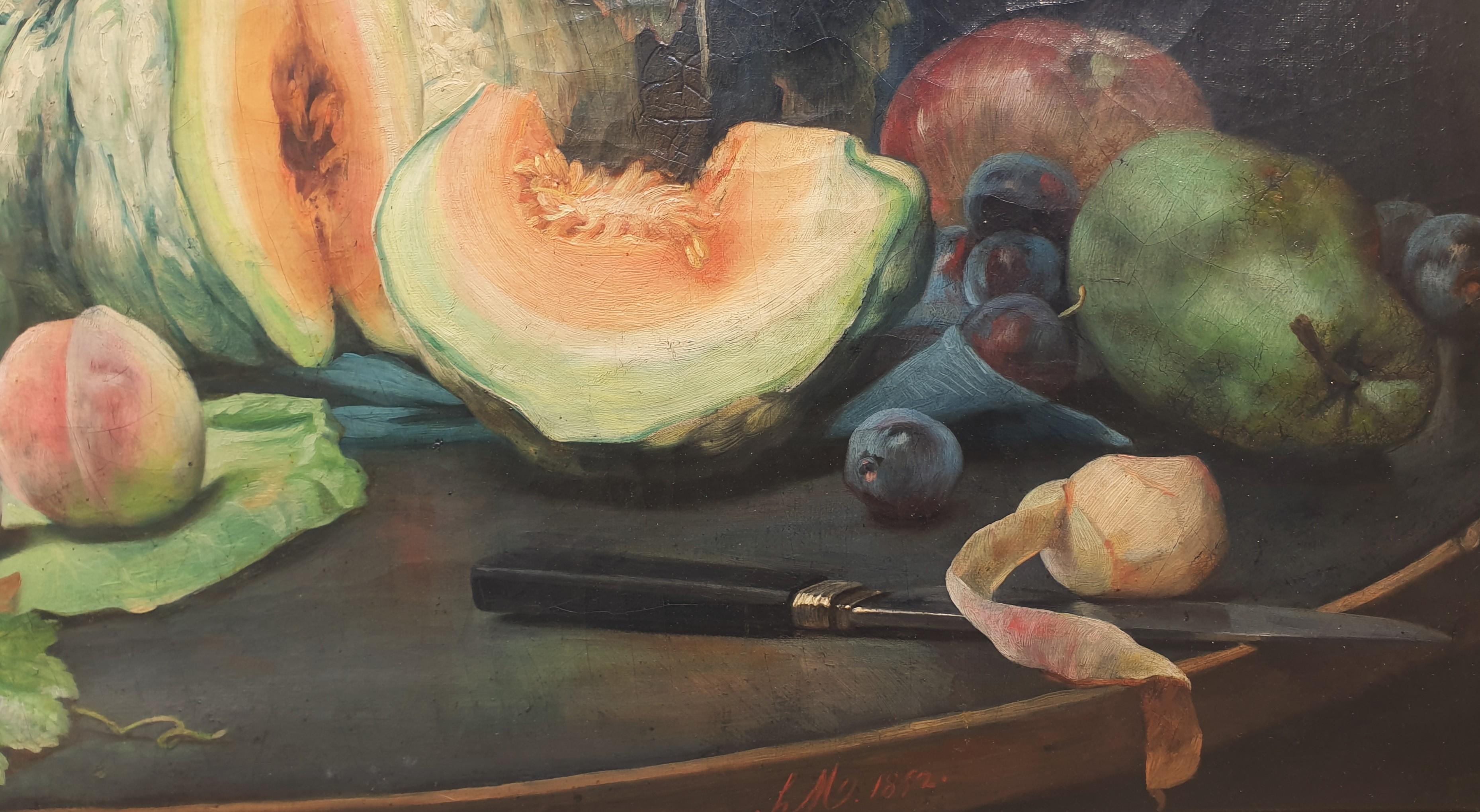 Pittura Realistica di scuola francese Natura morta di frutta e verdura 19° secolo 1