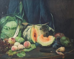 Peinture réaliste de l'école française Nature morte aux fruits et légumes 19ème