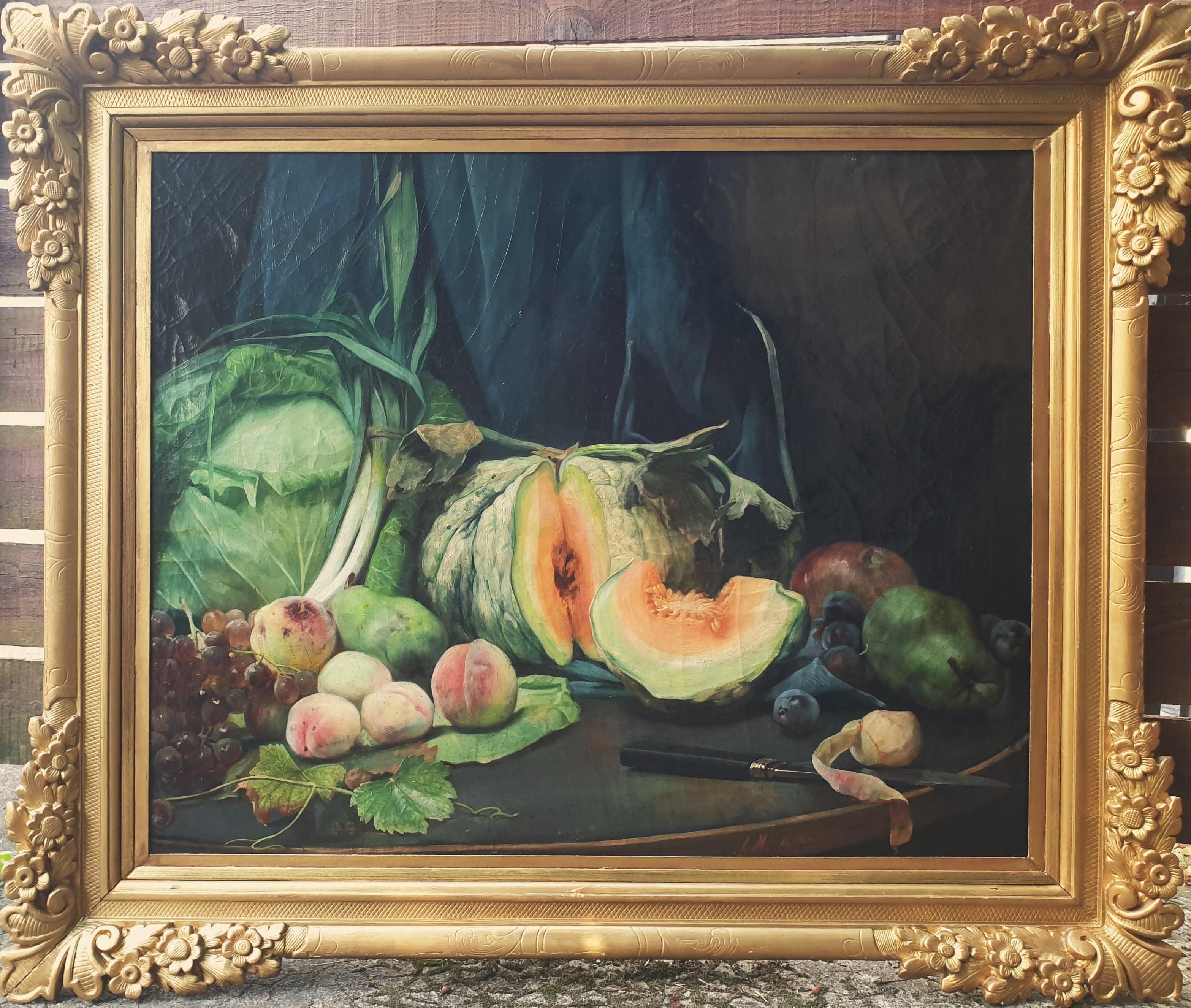 Pittura Realistica di scuola francese Natura morta di frutta e verdura 19° secolo - Painting di Hippolyte MICHAUD