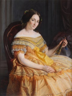 The Lady with a Fan. 19th Century antique portrait painting.