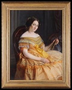 The Lady with a Fan. 19th Century antique portrait painting.