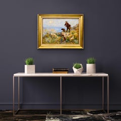 19th century painting of a shepherd with his flock of sheep - countryside moon