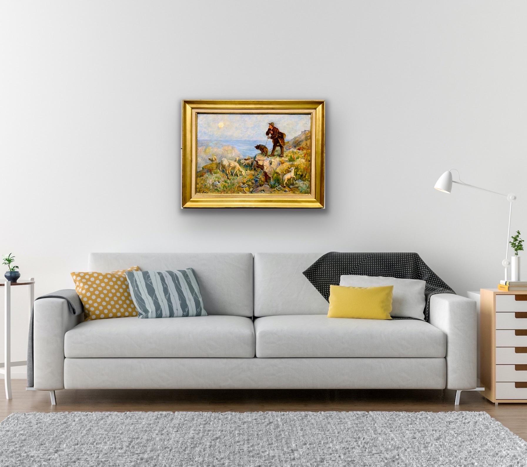 19th century painting of a shepherd with his flock of sheep - countryside moon For Sale 1