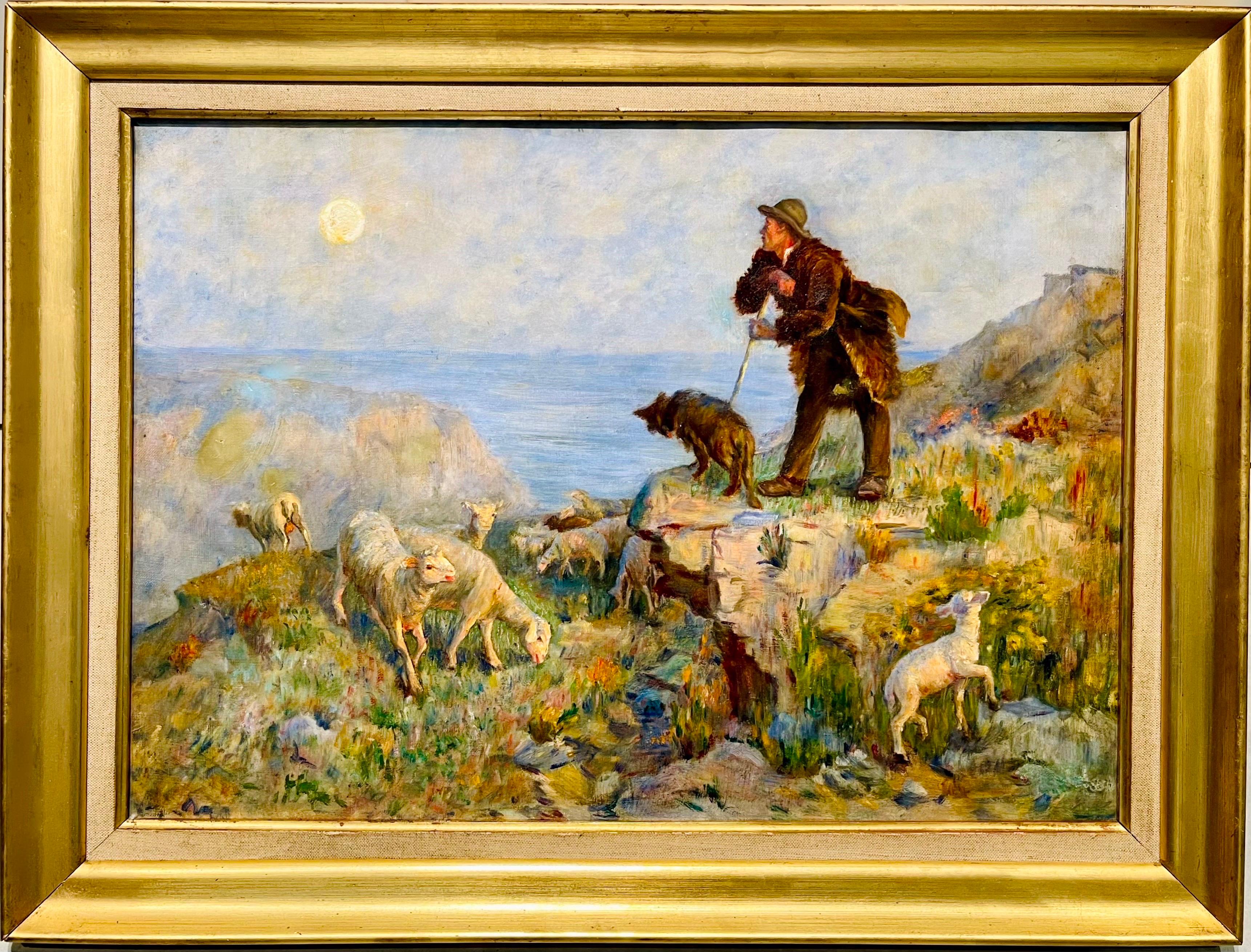 Hippolyte Paul Vayson Animal Painting - 19th century painting of a shepherd with his flock of sheep - countryside moon