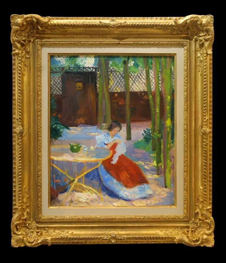 19th Century Impressionist Painting 'Femme dans Jardin' by Hippolyte Pettijean - Brown Portrait Painting by Hippolyte Petitjean