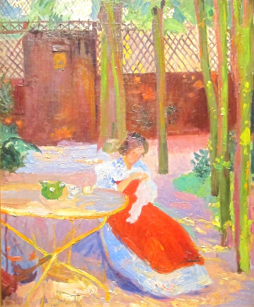 A Impressionist Garden Portrait 'Femme dans un Jardin' by Hippolyte Pettijean - Brown Figurative Painting by Hippolyte Petitjean
