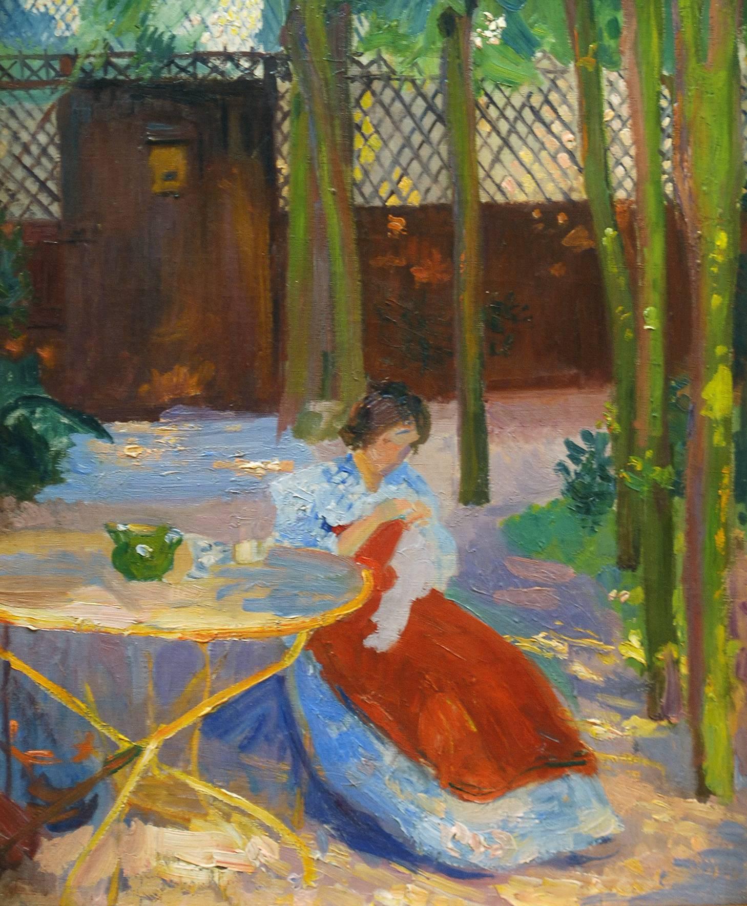 Hippolyte Petitjean Figurative Painting - A Impressionist Garden Portrait 'Femme dans un Jardin' by Hippolyte Pettijean