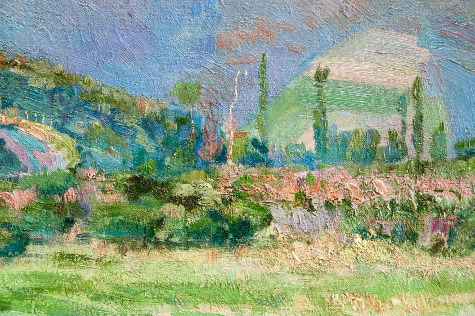 A wonderful and good sized oil on canvas circa 1900 by French post impressionist painter Hippolyte Petitjean depicting a beautifully coloured view of a vast landscape. This work depicts a view of Donzy-le-Perthuis in south Burgundy - an area where