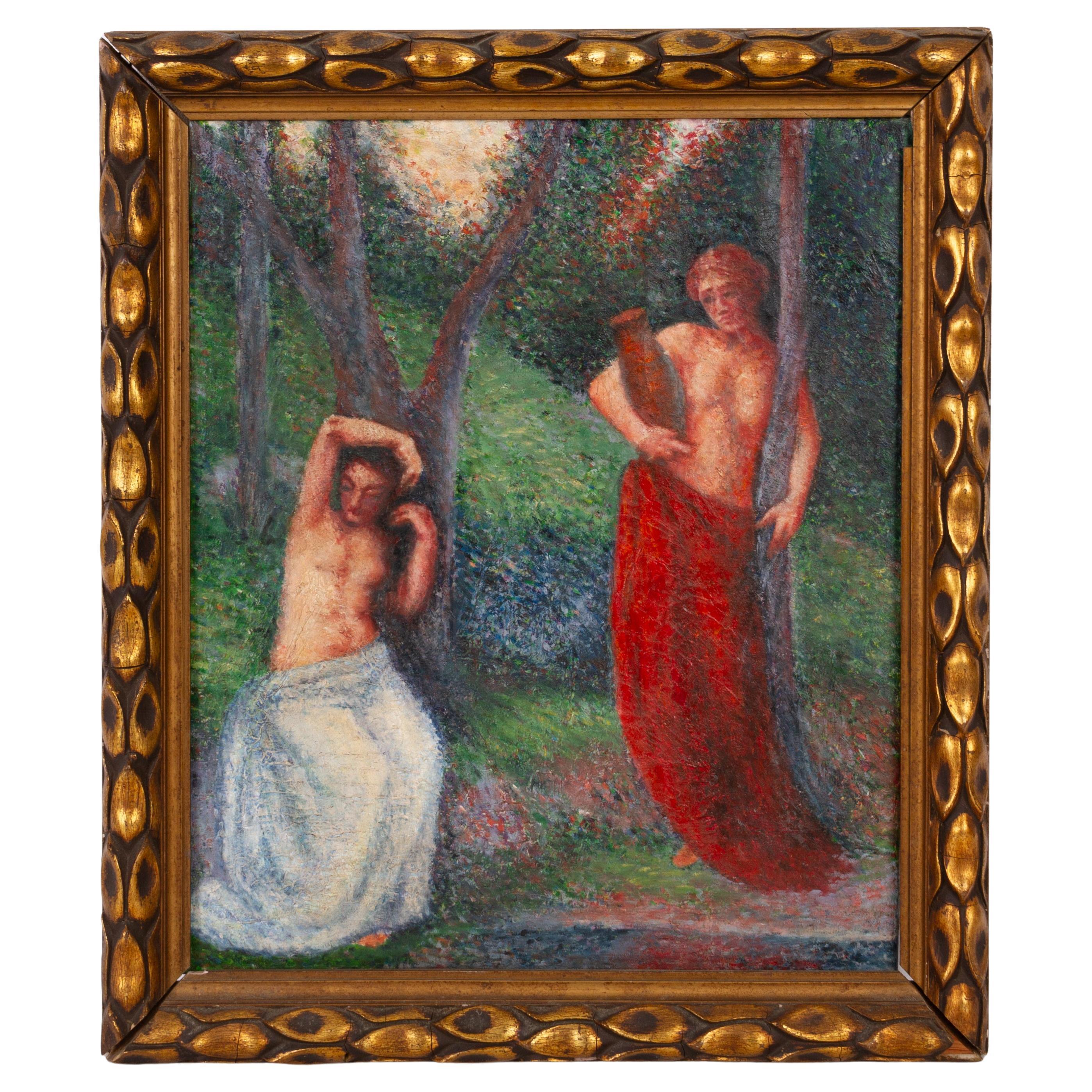 Hippolyte Petitjean (1854-1929) Pittura a olio di ninfe puntiniste francesi