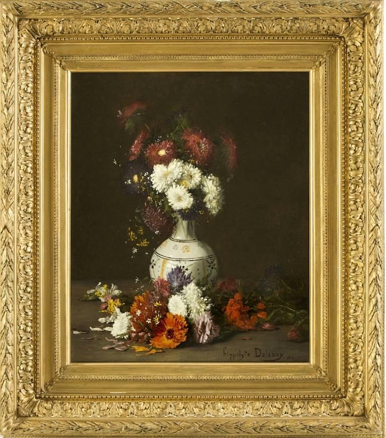 Nature morte de fleurs dans un vase Fin de l'époque victorienne 19e siècle Hippolyte Delanoy - Painting de Hippolyte Pierre Delanoy