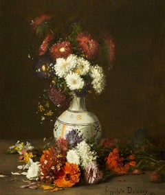 Antique Still Life of Flowers in a Vase late Victorian 19th Century Hippolyte Delanoy