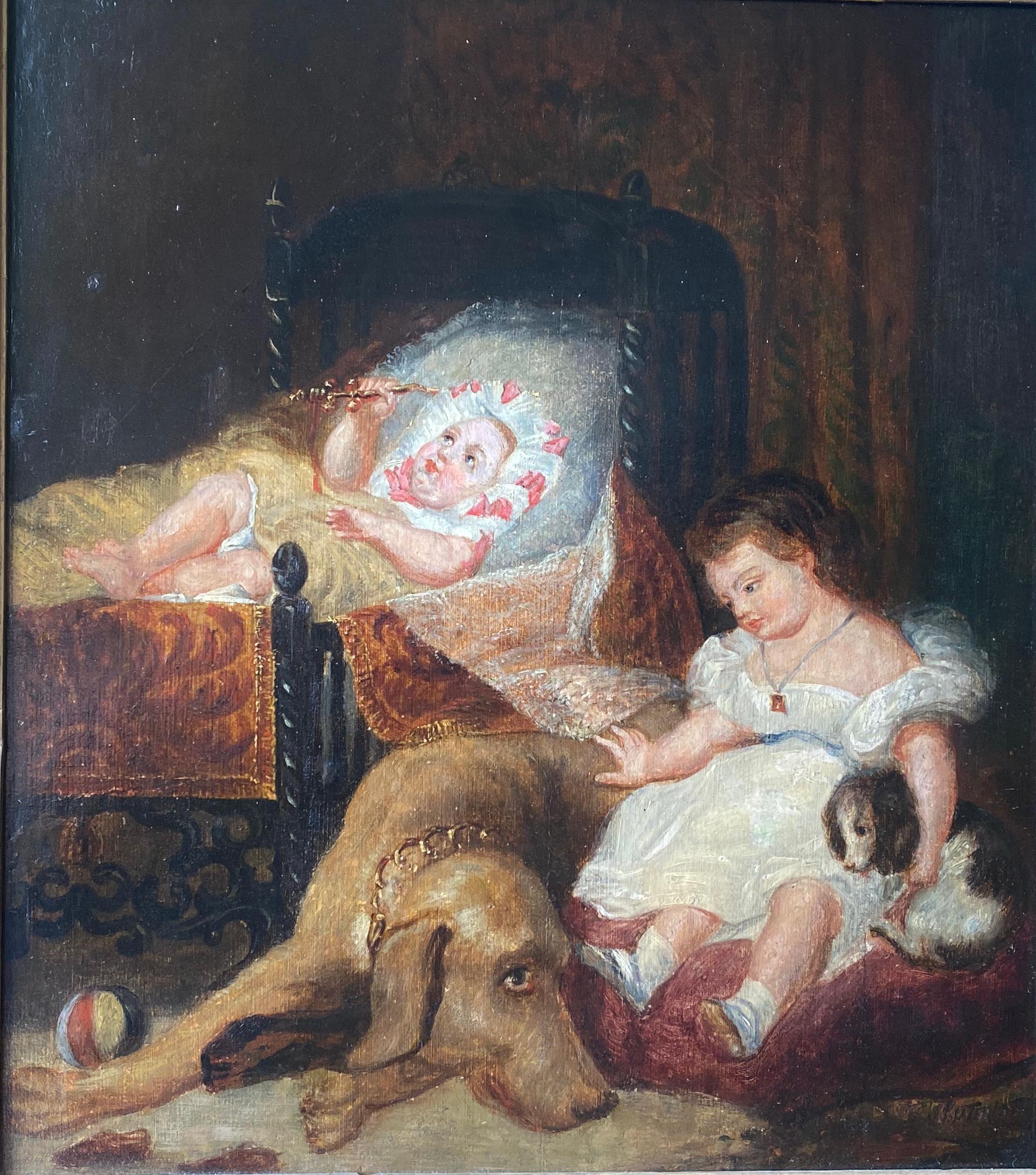 Family scene, children dog and pup, French painting by Delacroix' prodigy friend - Painting by Hippolyte Poterlet