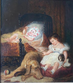 Familienszene, Kinder, Hund und Welpe, französisches Gemälde von Delacroix' begabtem Freund