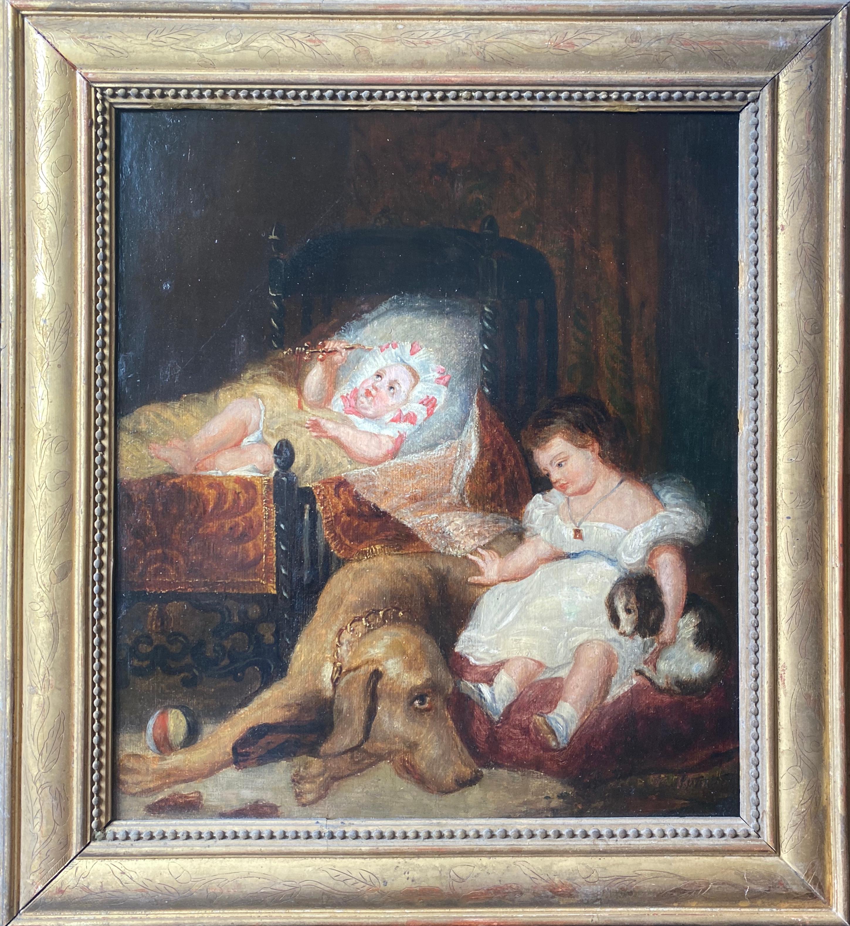 Hippolyte Poterlet Figurative Painting - Family scene, children dog and pup, French painting by Delacroix' prodigy friend