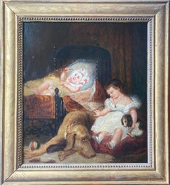 Family scene, children dog and pup, French painting by Delacroix' prodigy friend