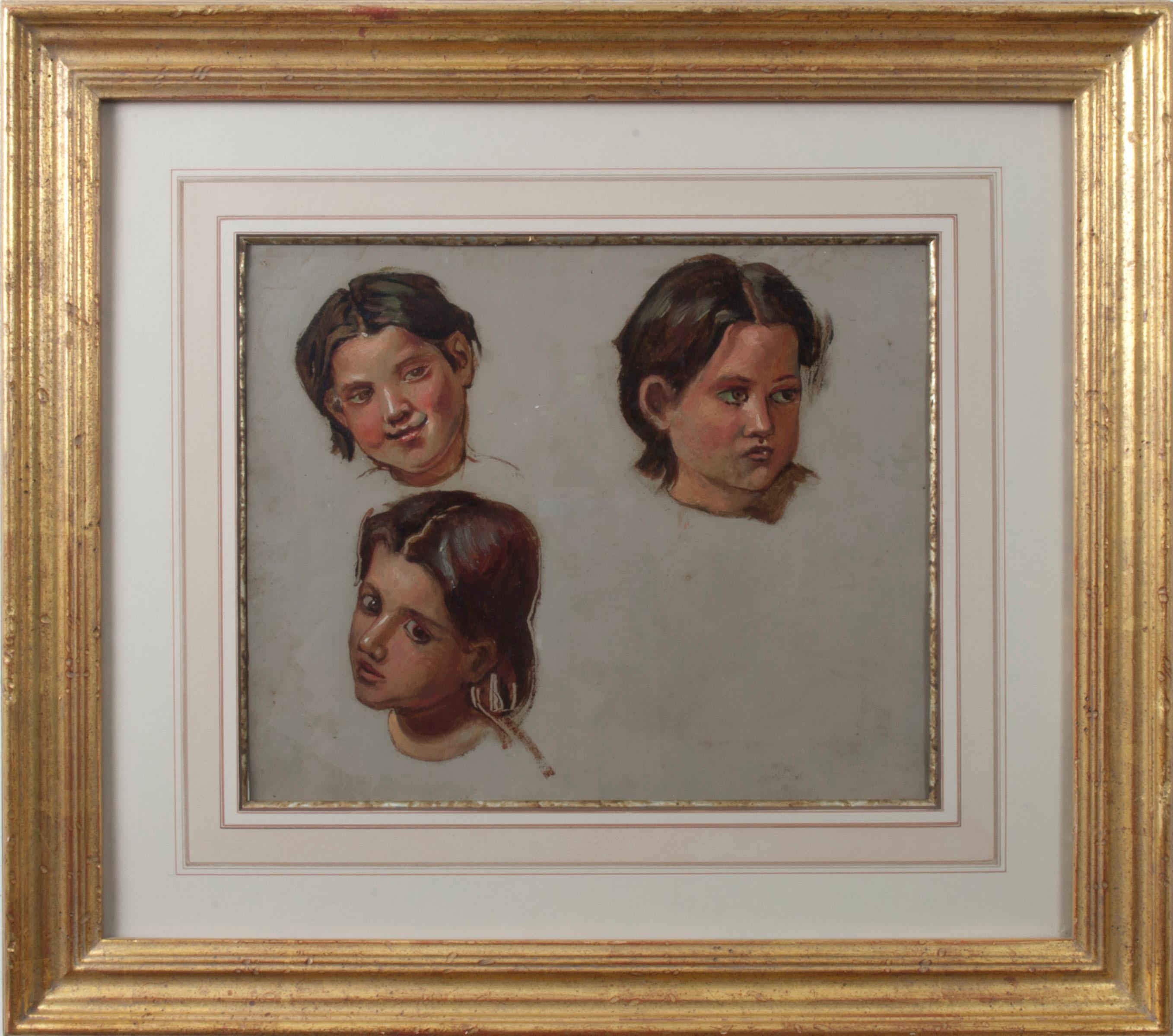 Hippolyte Roques Figurative Painting - Three Head Portraits of a Young Girl