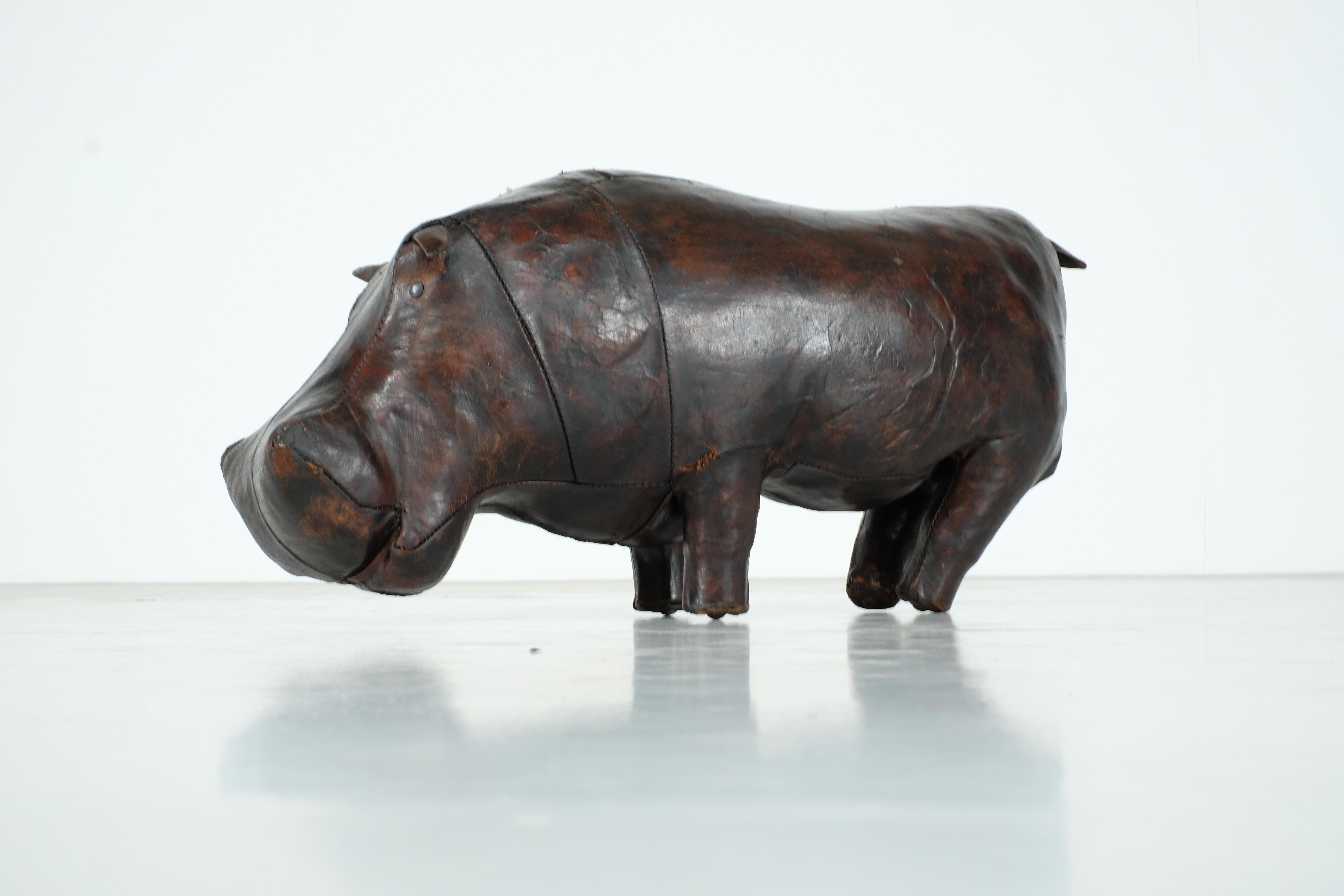 Magnificent Leather Hippopotamus Designed in the 1960s by Dimitri Omersa for Abercrombie & Fitch.
This hypopotamus is part of a whole series of different leather animals created by Omersa for the very famous Abercrombie & Fitch store. The primary