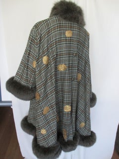 Hippy Chic Checked Wool Fox Fur Stole Cape